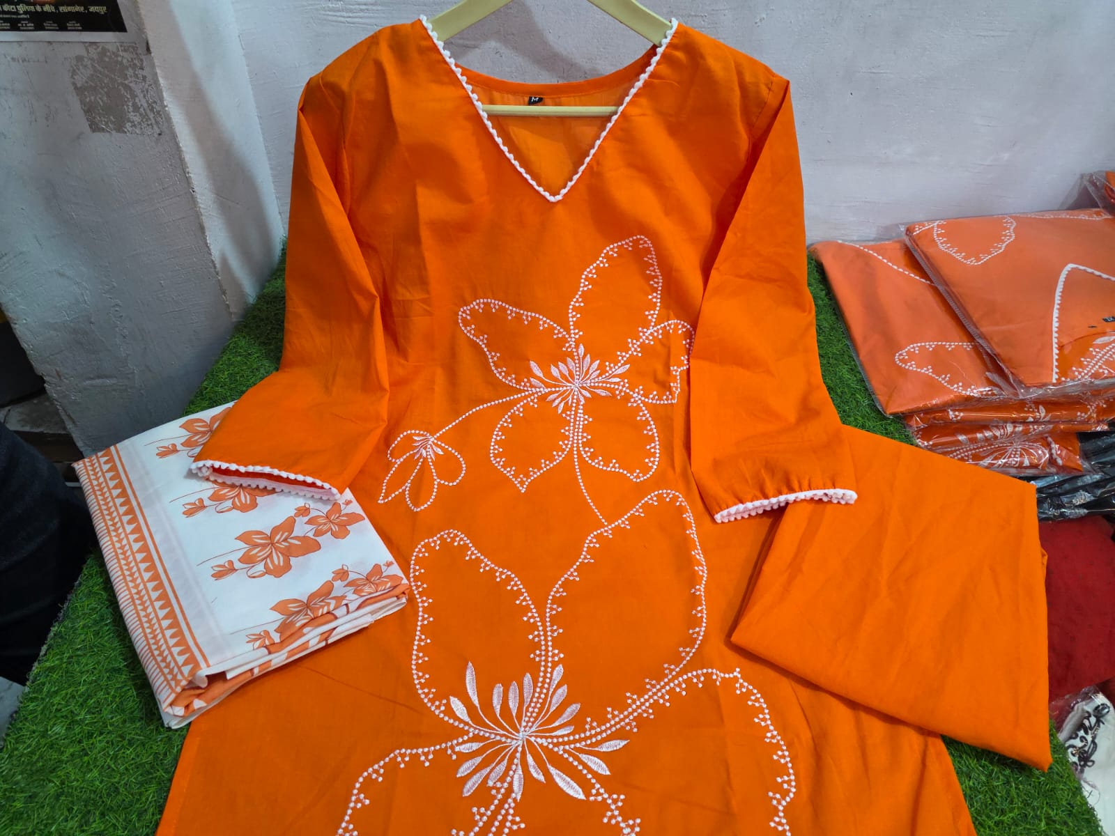 Pure Cotton Orange Embroidered Suit Set