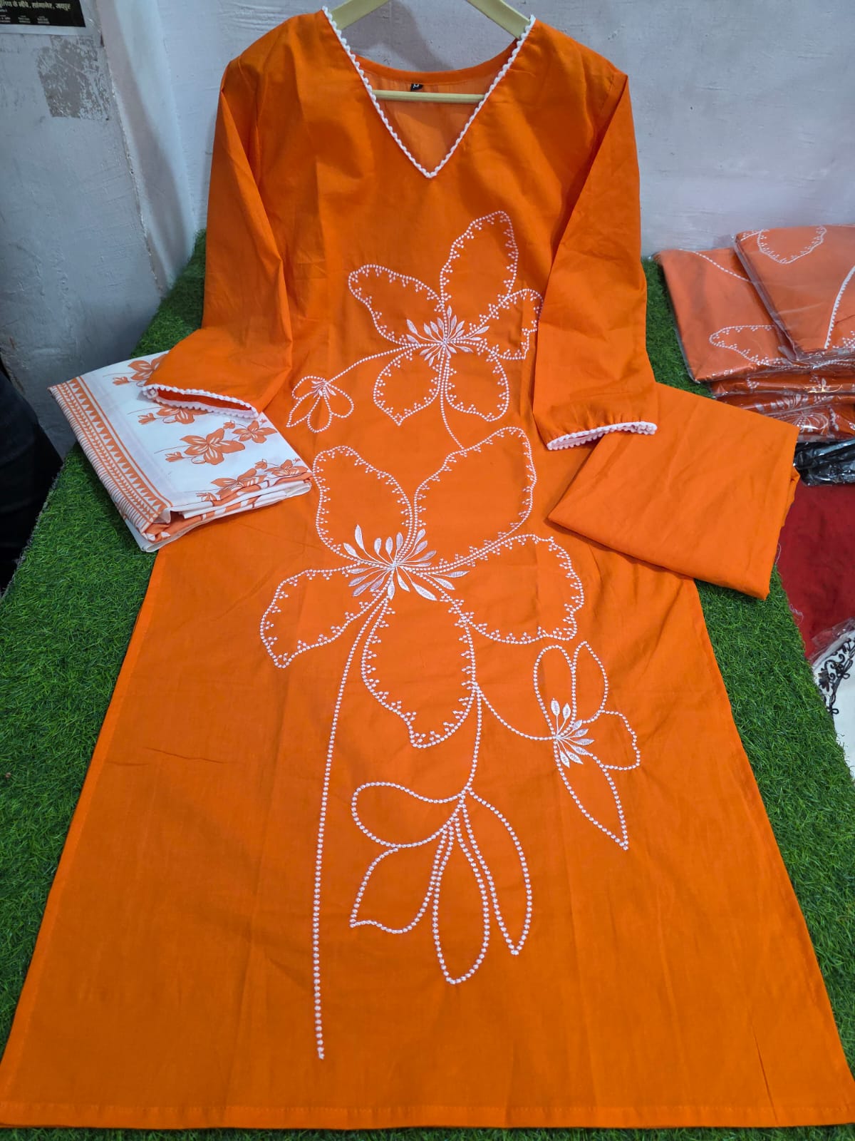 Pure Cotton Orange Embroidered Suit Set