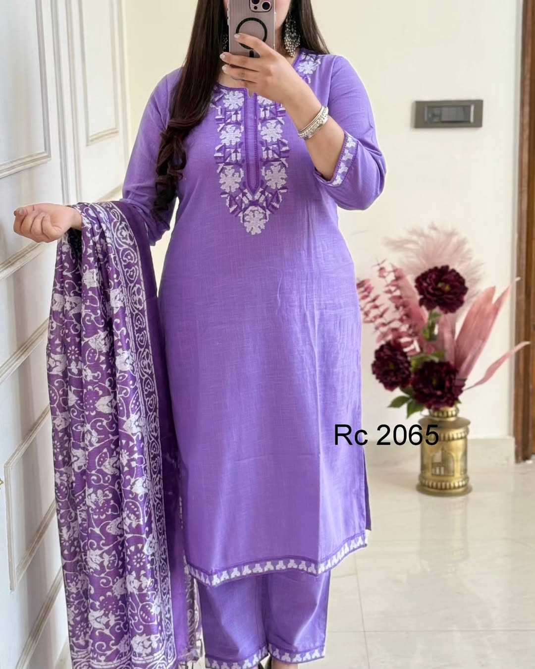 Purple Handloom Cotton Embroidered Suit Set