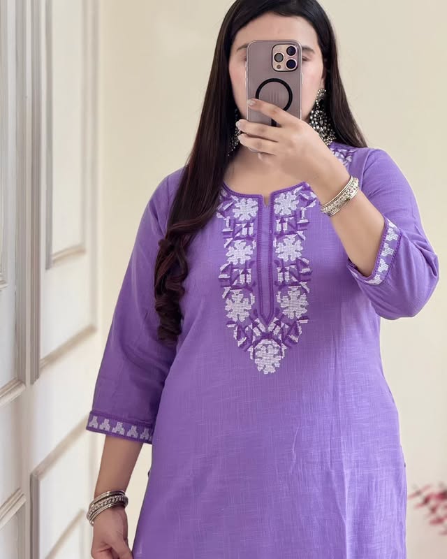 Purple Handloom Cotton Embroidered Suit Set