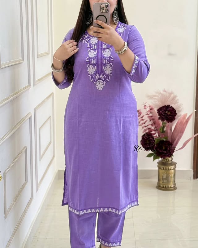 Purple Handloom Cotton Embroidered Suit Set
