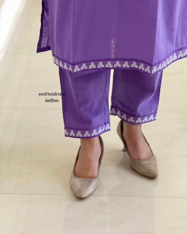 Purple Handloom Cotton Embroidered Suit Set