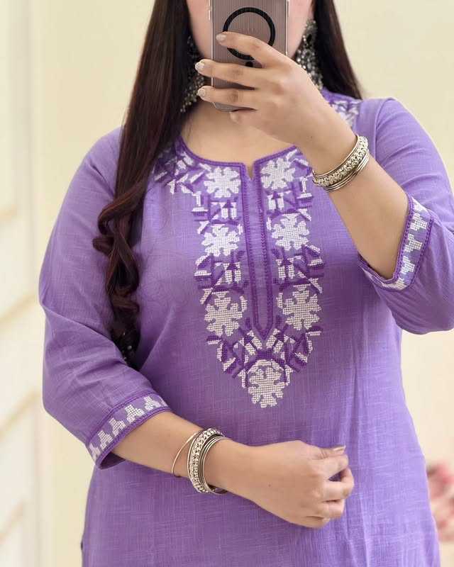Purple Handloom Cotton Embroidered Suit Set