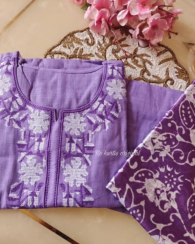 Purple Handloom Cotton Embroidered Suit Set
