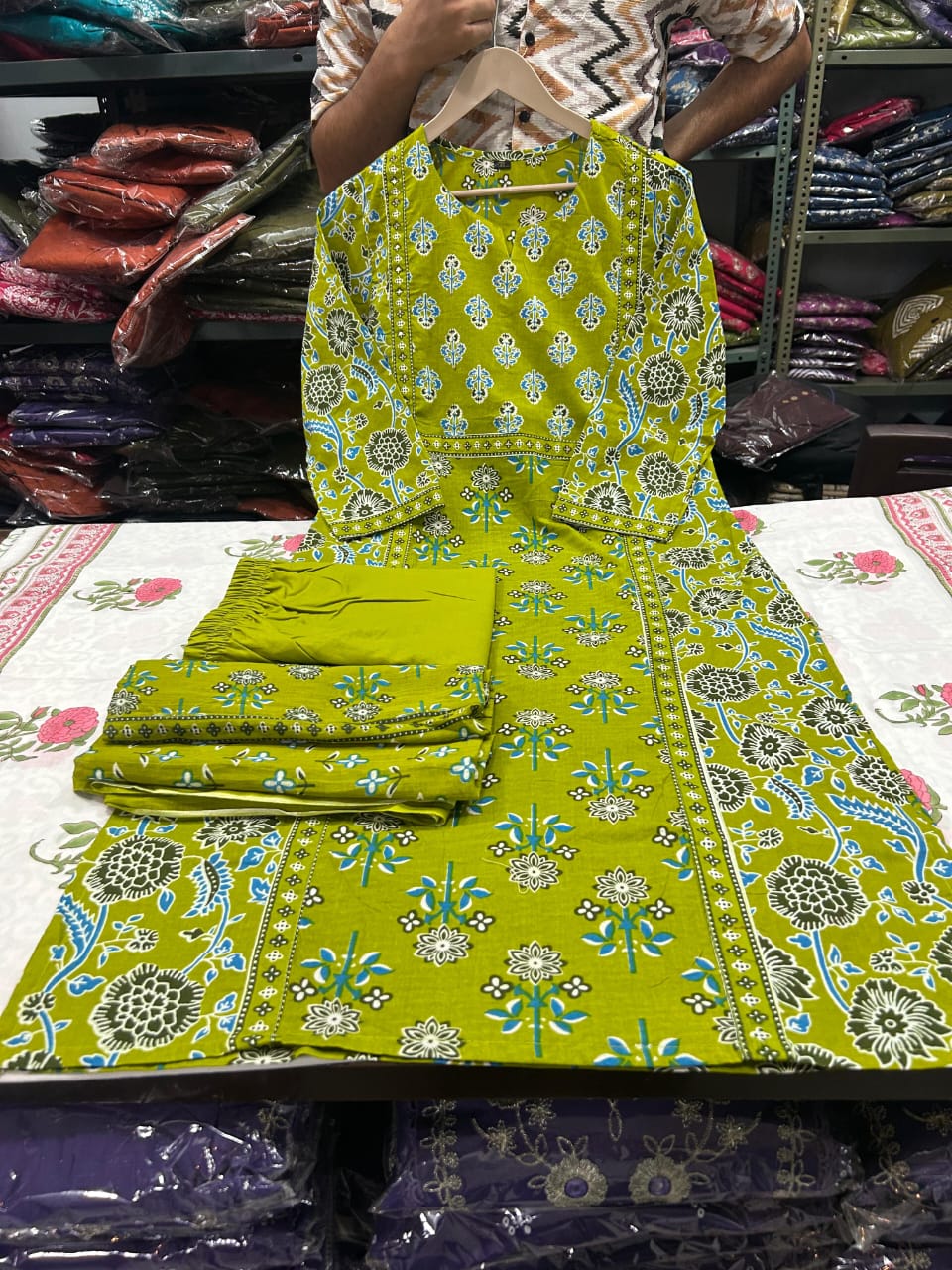 Pure Fine Cotton Mehendi Heavy Cotton Suit Set