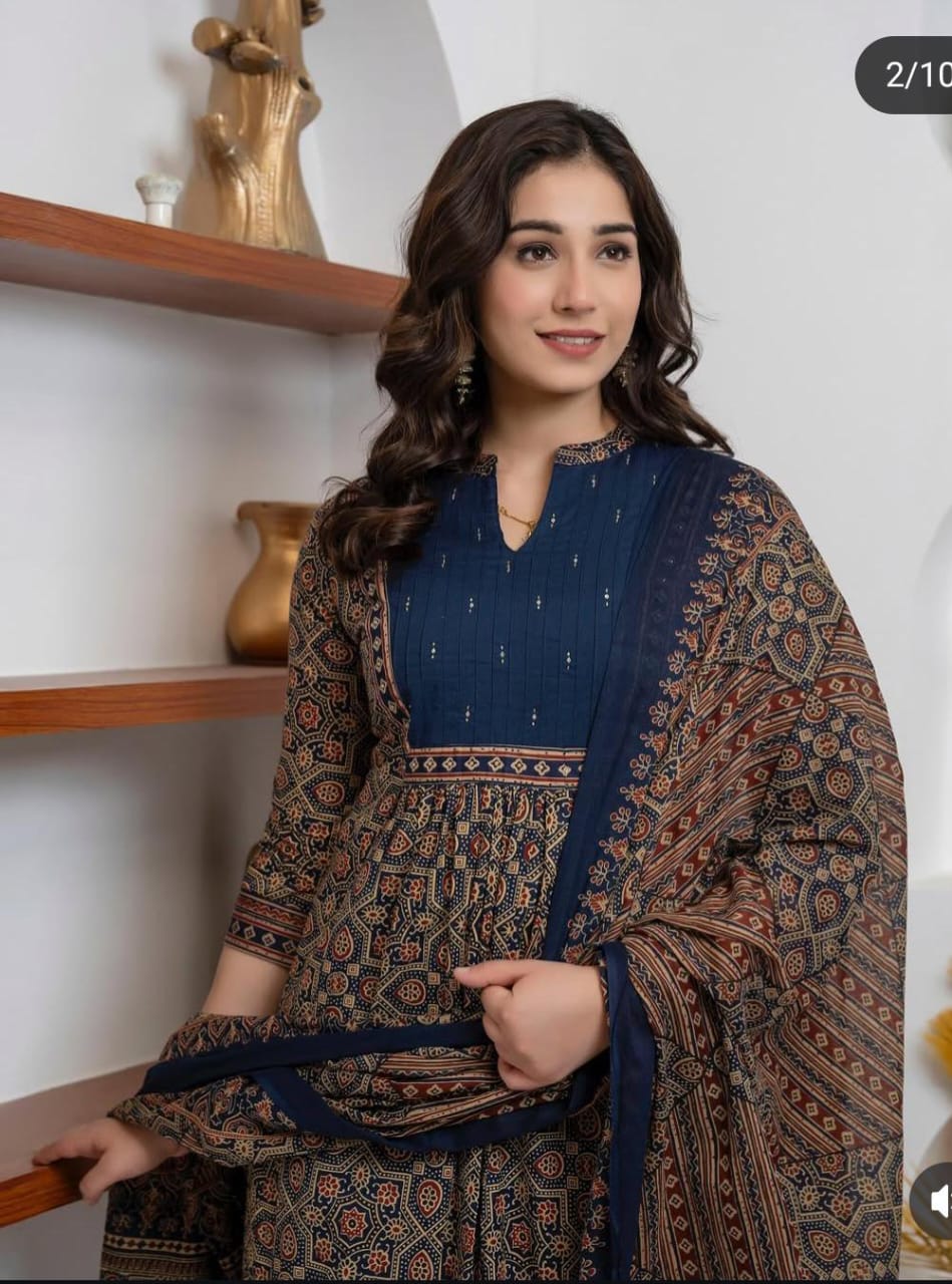 New Trending Blue Azrak Fusion Cotton Suit Set