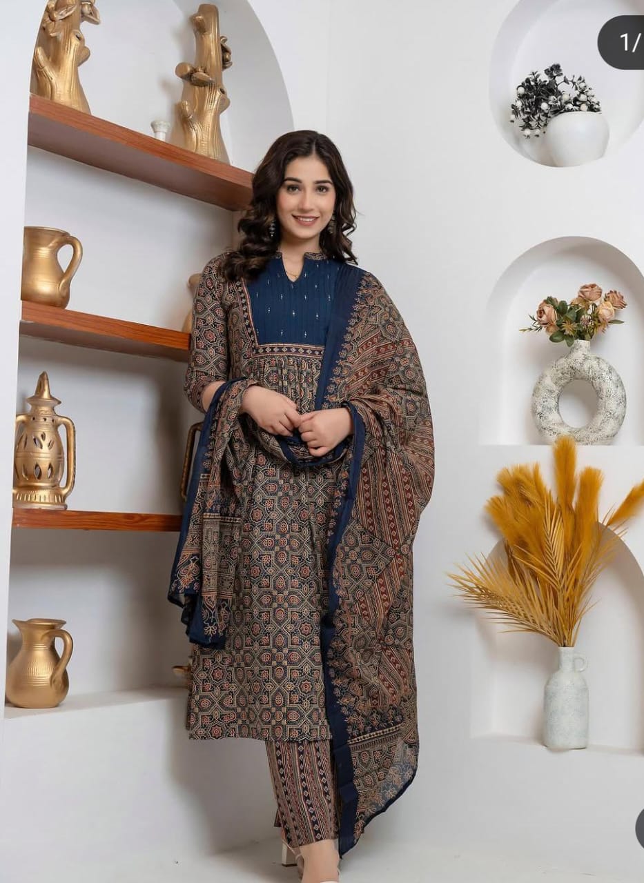 New Trending Blue Azrak Fusion Cotton Suit Set