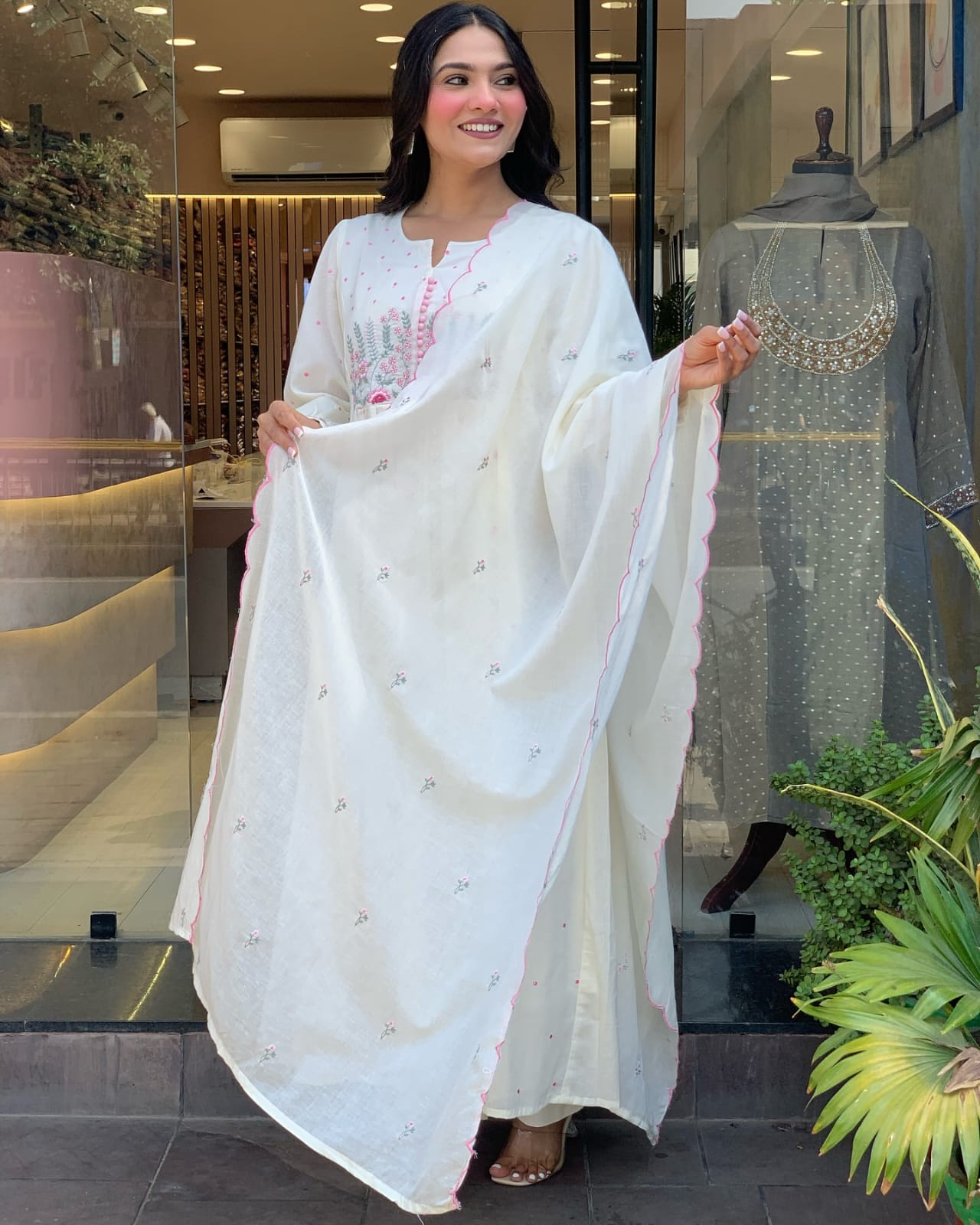 White Embroidered Cotton Suit Set