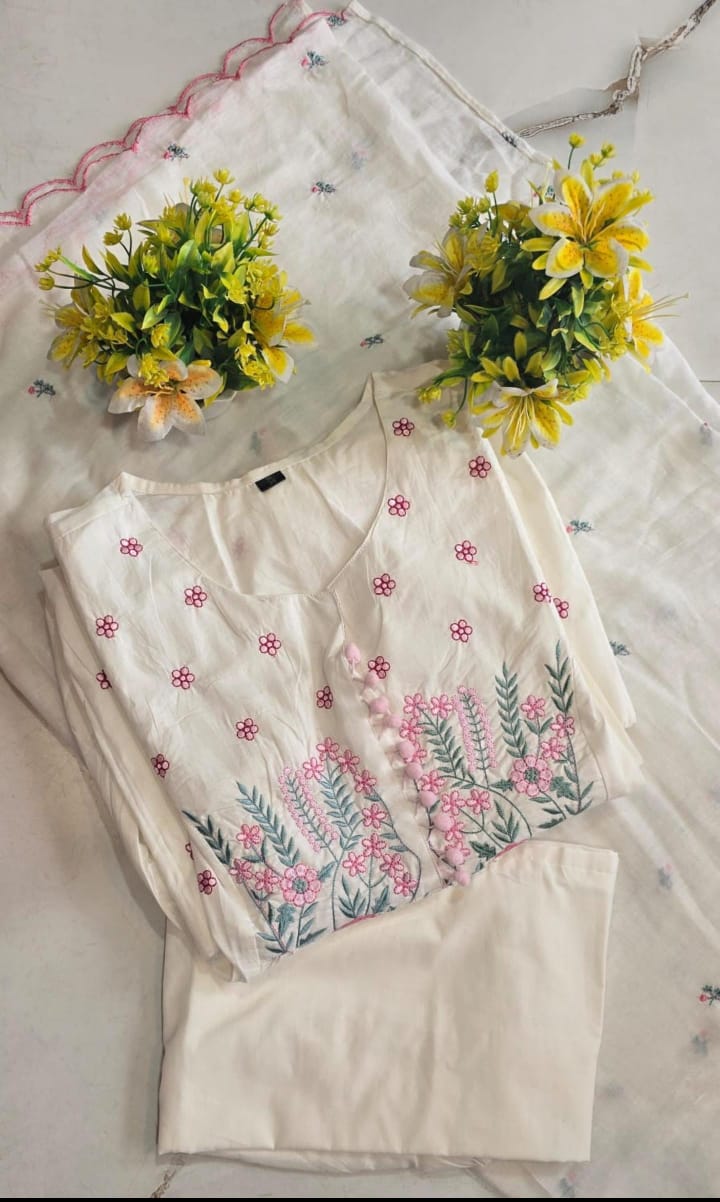 White Embroidered Cotton Suit Set