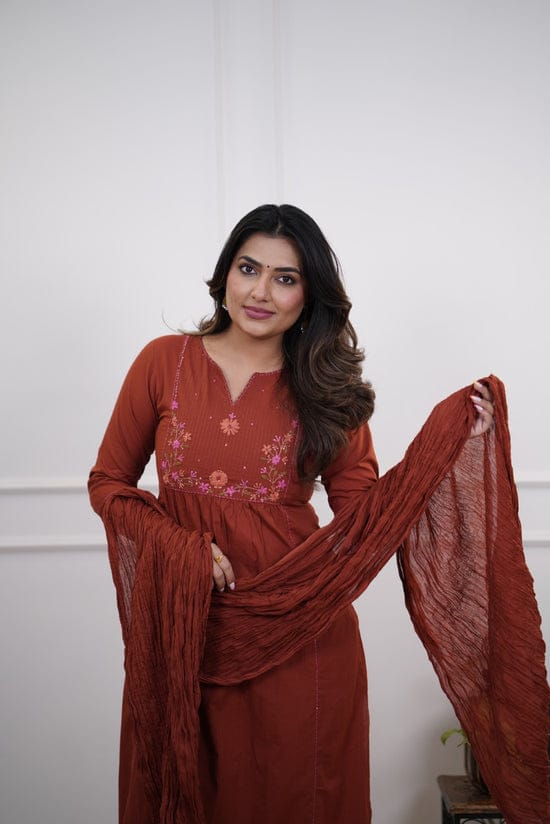 Tamarika Brown A-Line Cotton Embroidered Suit Set