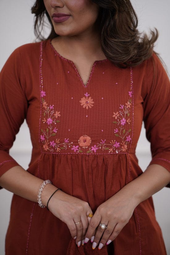 Tamarika Brown A-Line Cotton Embroidered Suit Set