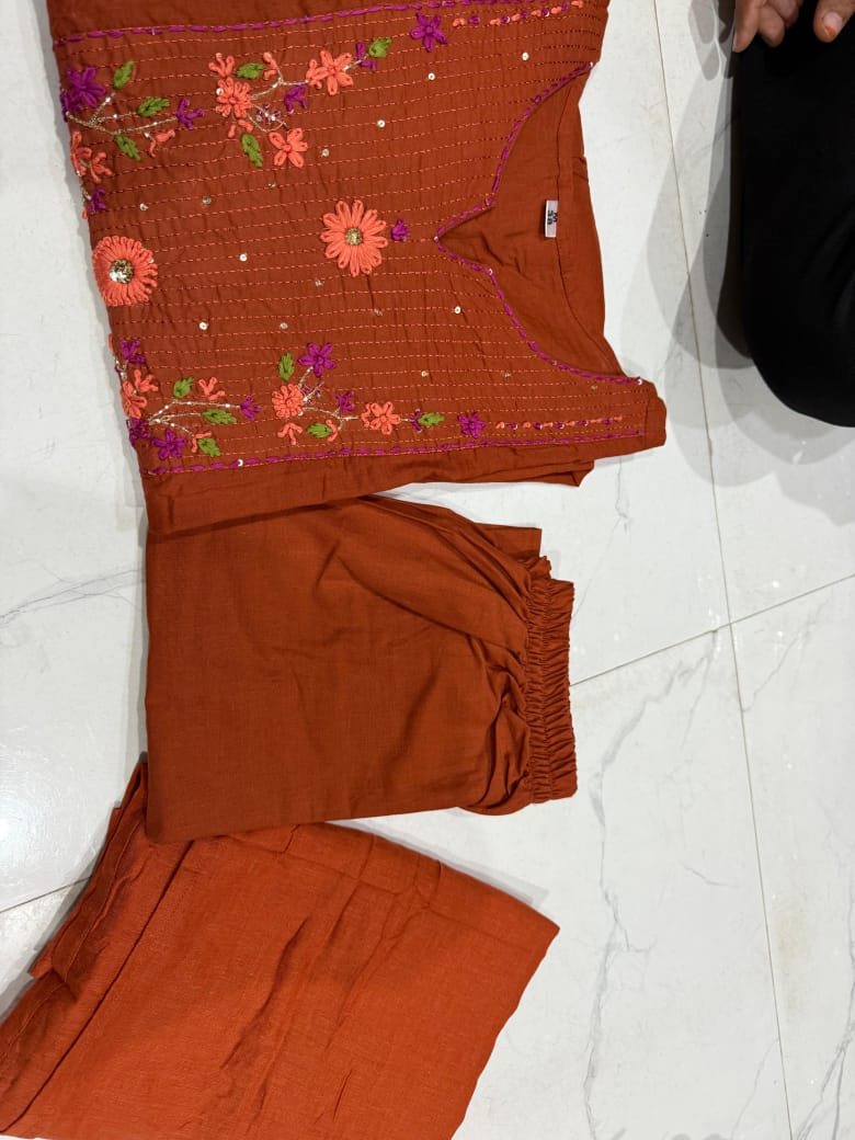 Tamarika Brown A-Line Cotton Embroidered Suit Set
