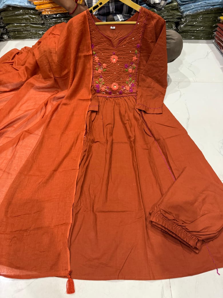 Tamarika Brown A-Line Cotton Embroidered Suit Set