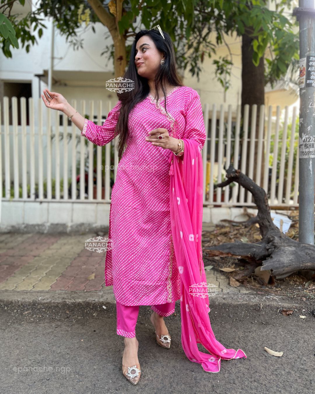 Gulnehar Pink Lahariya Embroidered Cotton Suit Set
