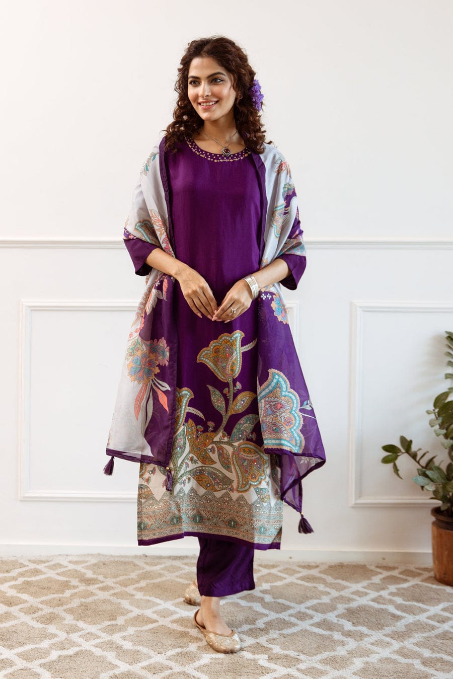 Lavanya Purple Floral KitKat Silk Suit Set