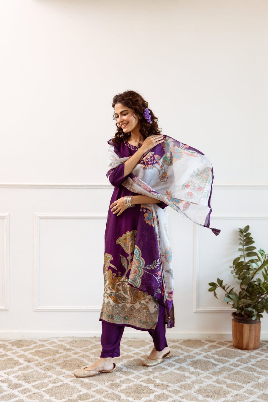 Lavanya Purple Floral KitKat Silk Suit Set