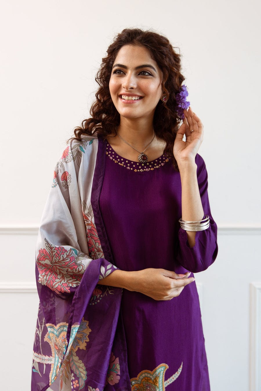 Lavanya Purple Floral KitKat Silk Suit Set