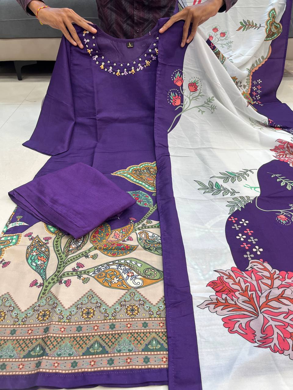 Lavanya Purple Floral KitKat Silk Suit Set