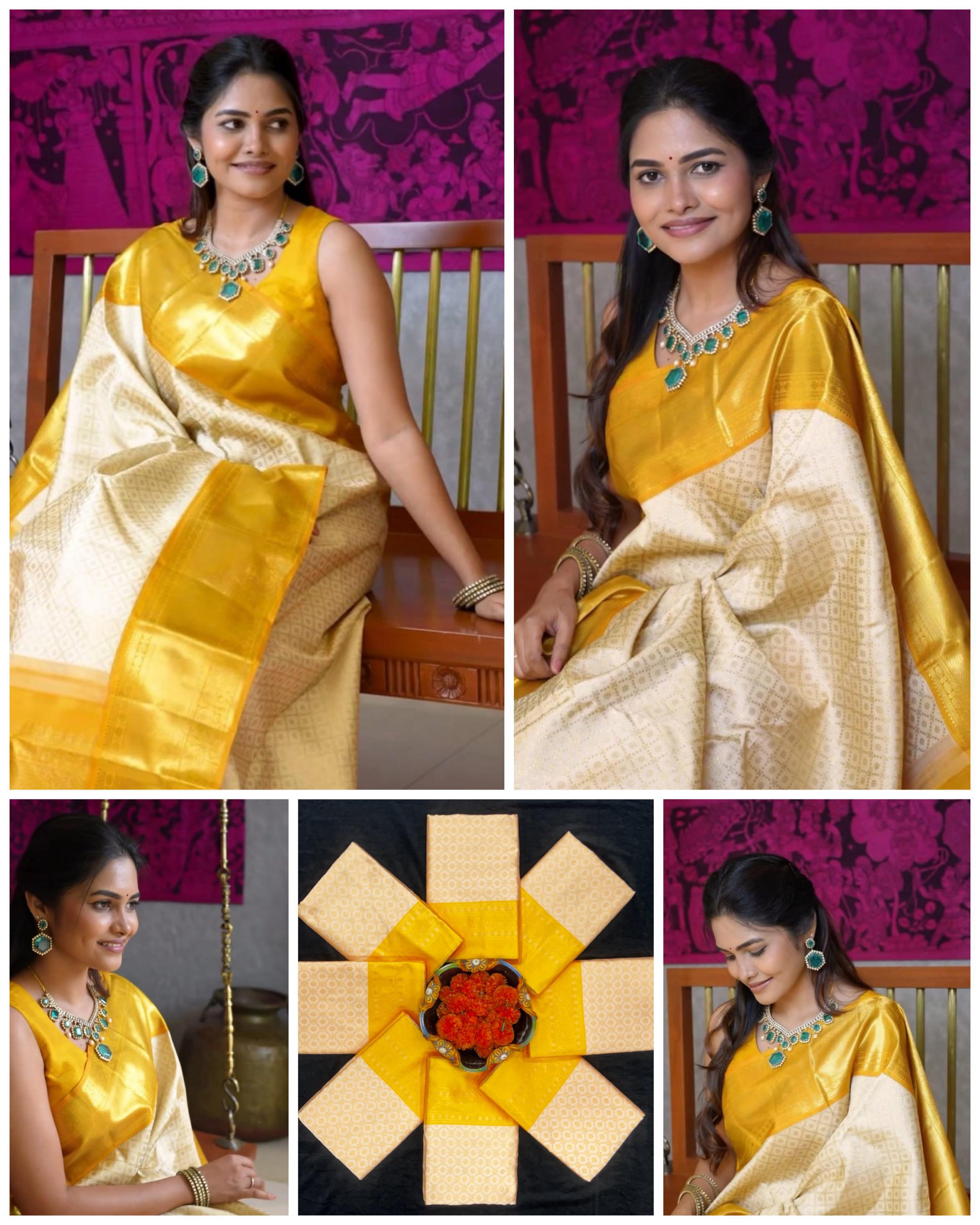 Kanvika Yellow Lichi Silk Jacquard Saree