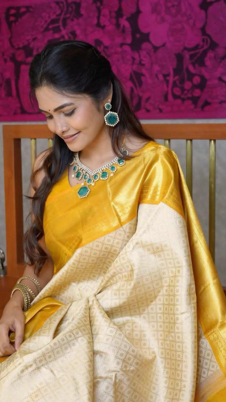 Kanvika Yellow Lichi Silk Jacquard Saree