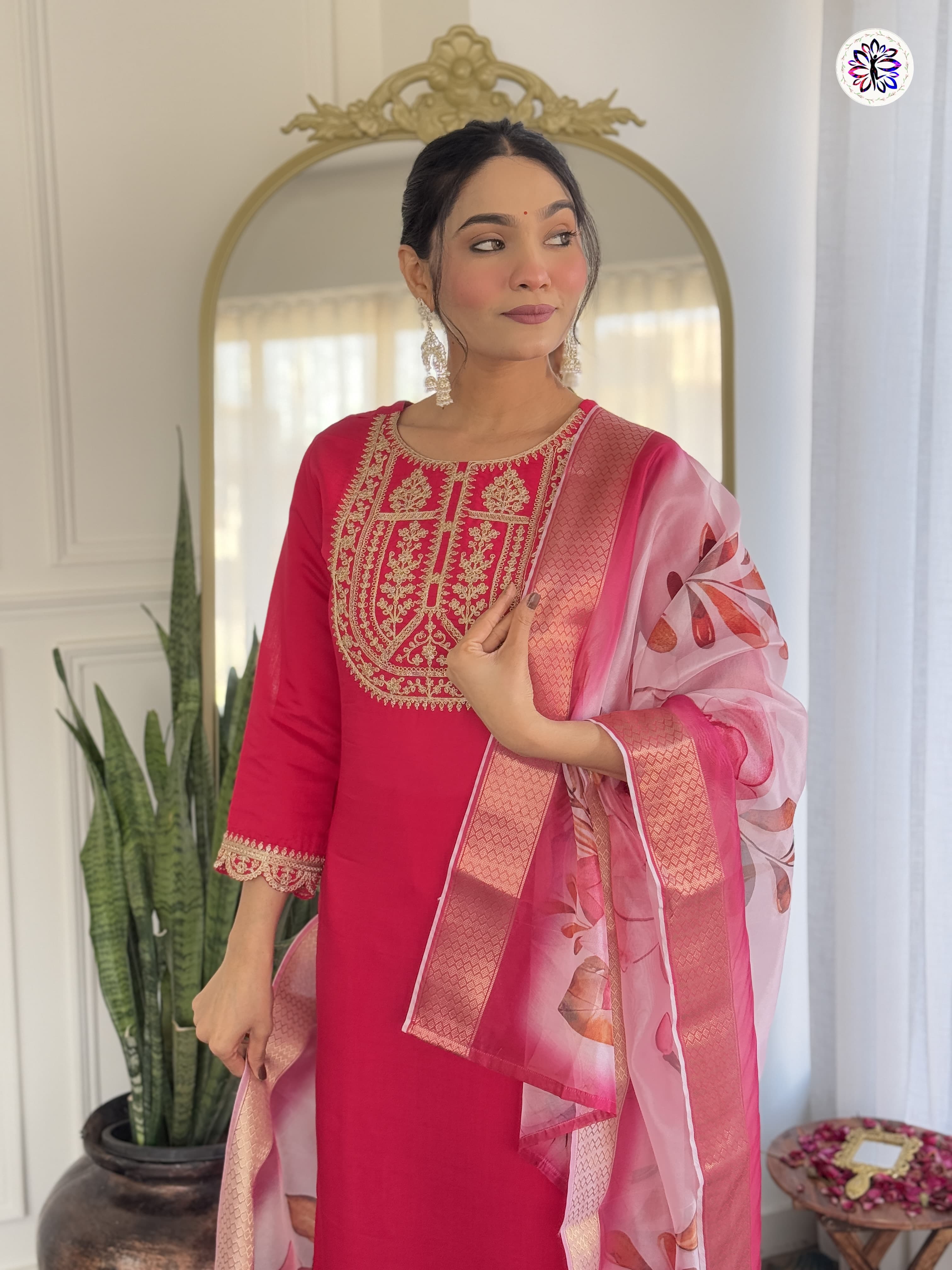 New Red Viscose Embroidered Suit Set