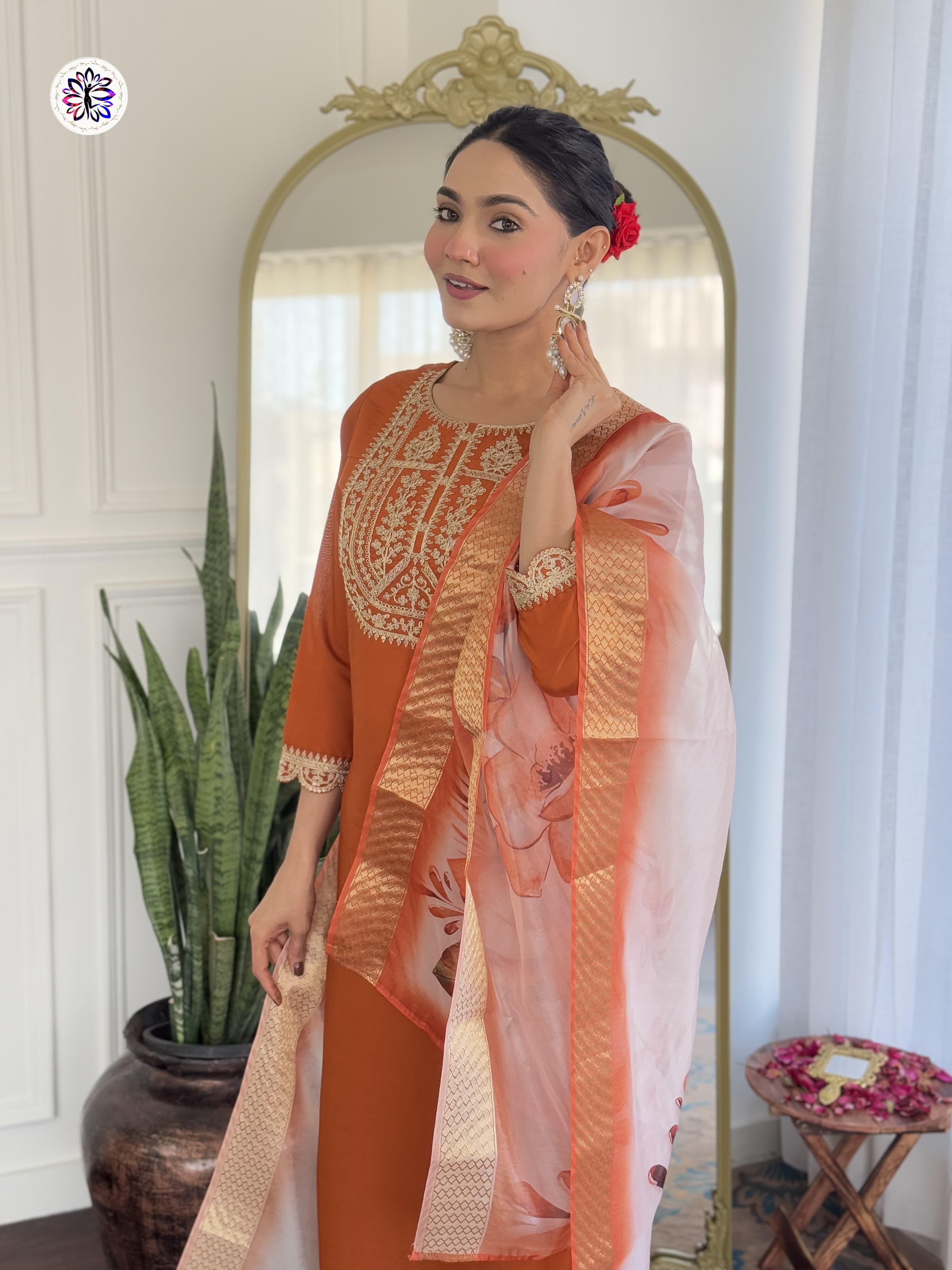 New Orange Viscose Embroidered Suit Set
