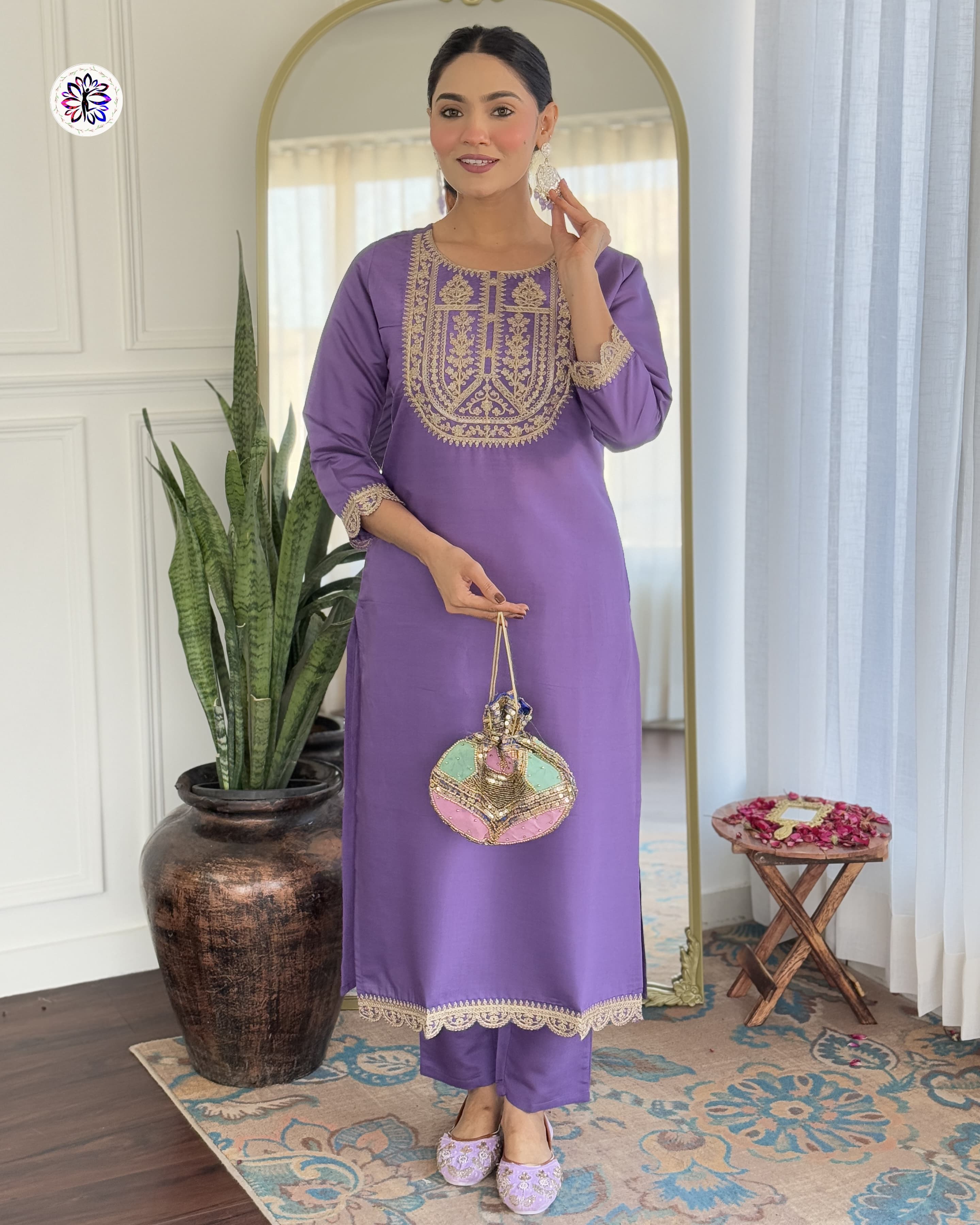 New Purple Viscose Embroidered Suit Set