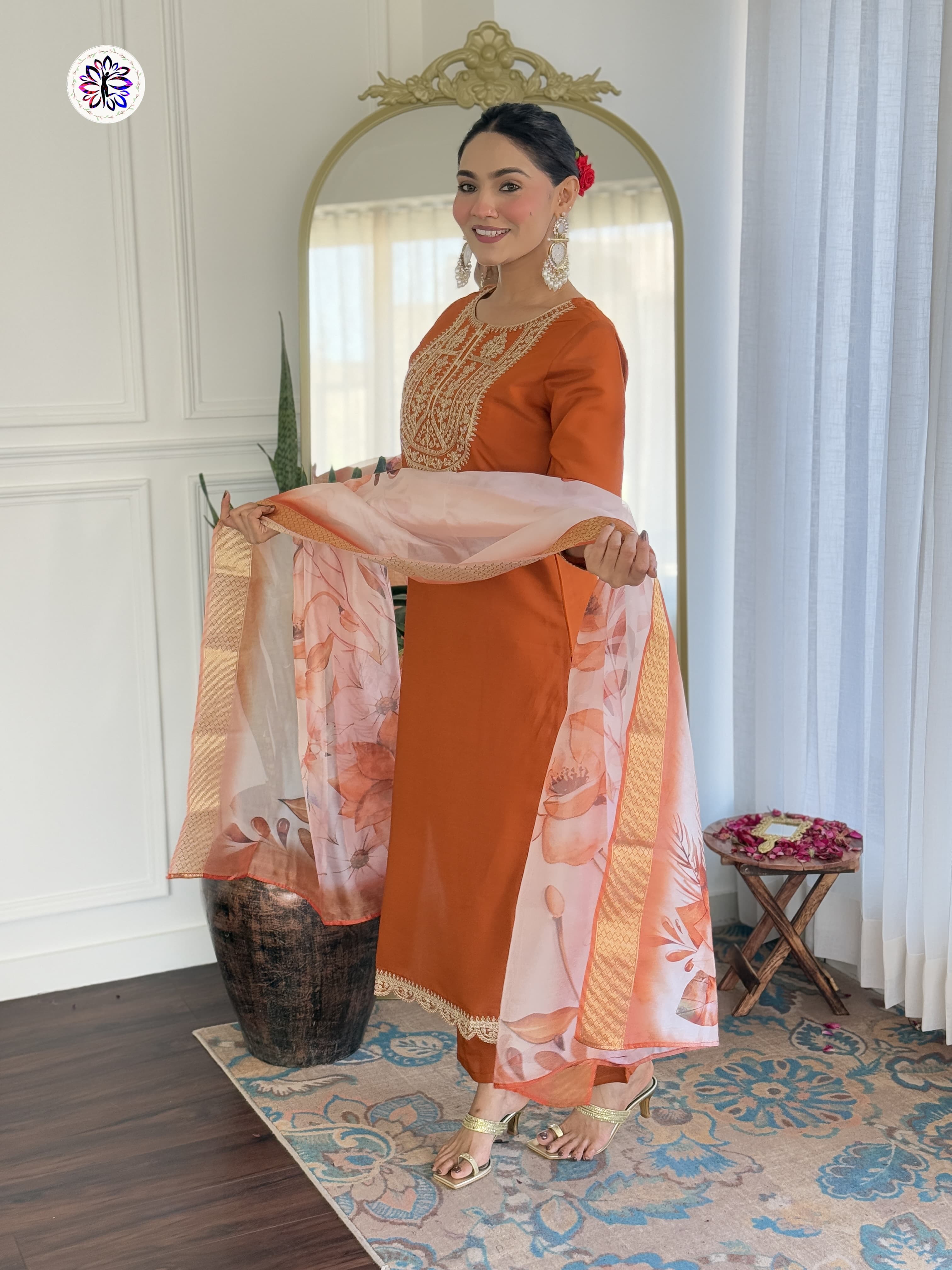 New Orange Viscose Embroidered Suit Set