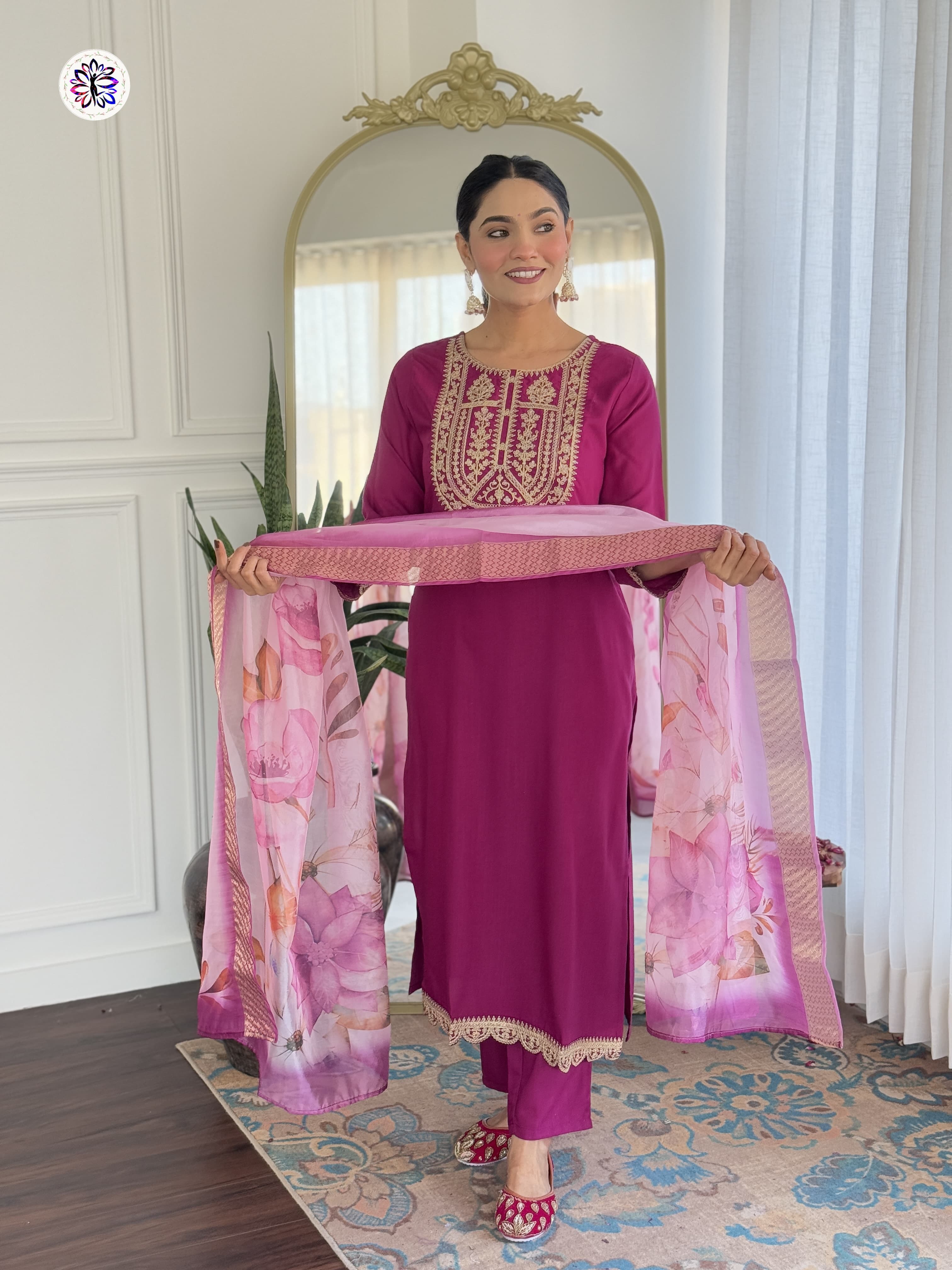 New Dark Purple Viscose Embroidered Suit Set