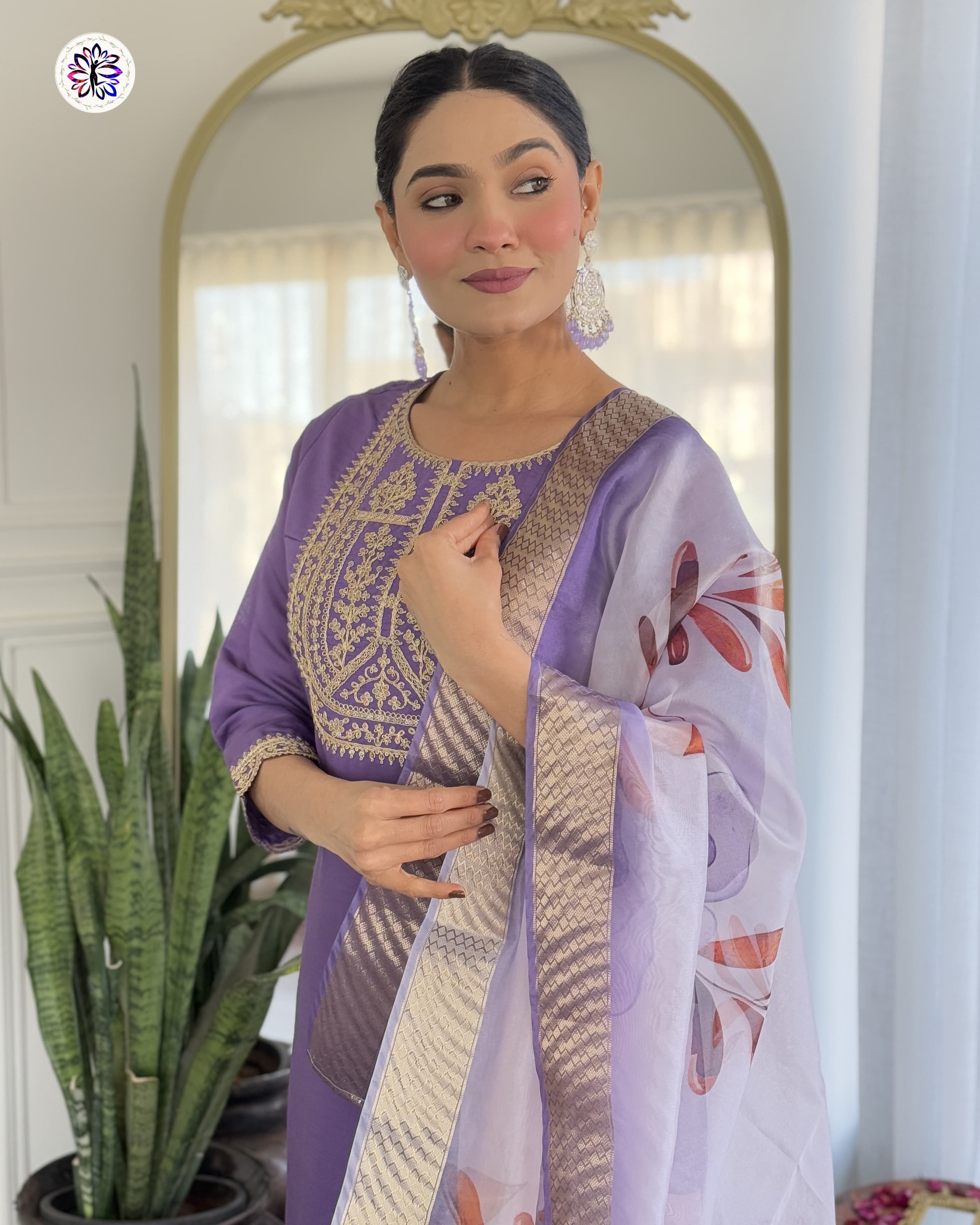New Purple Viscose Embroidered Suit Set