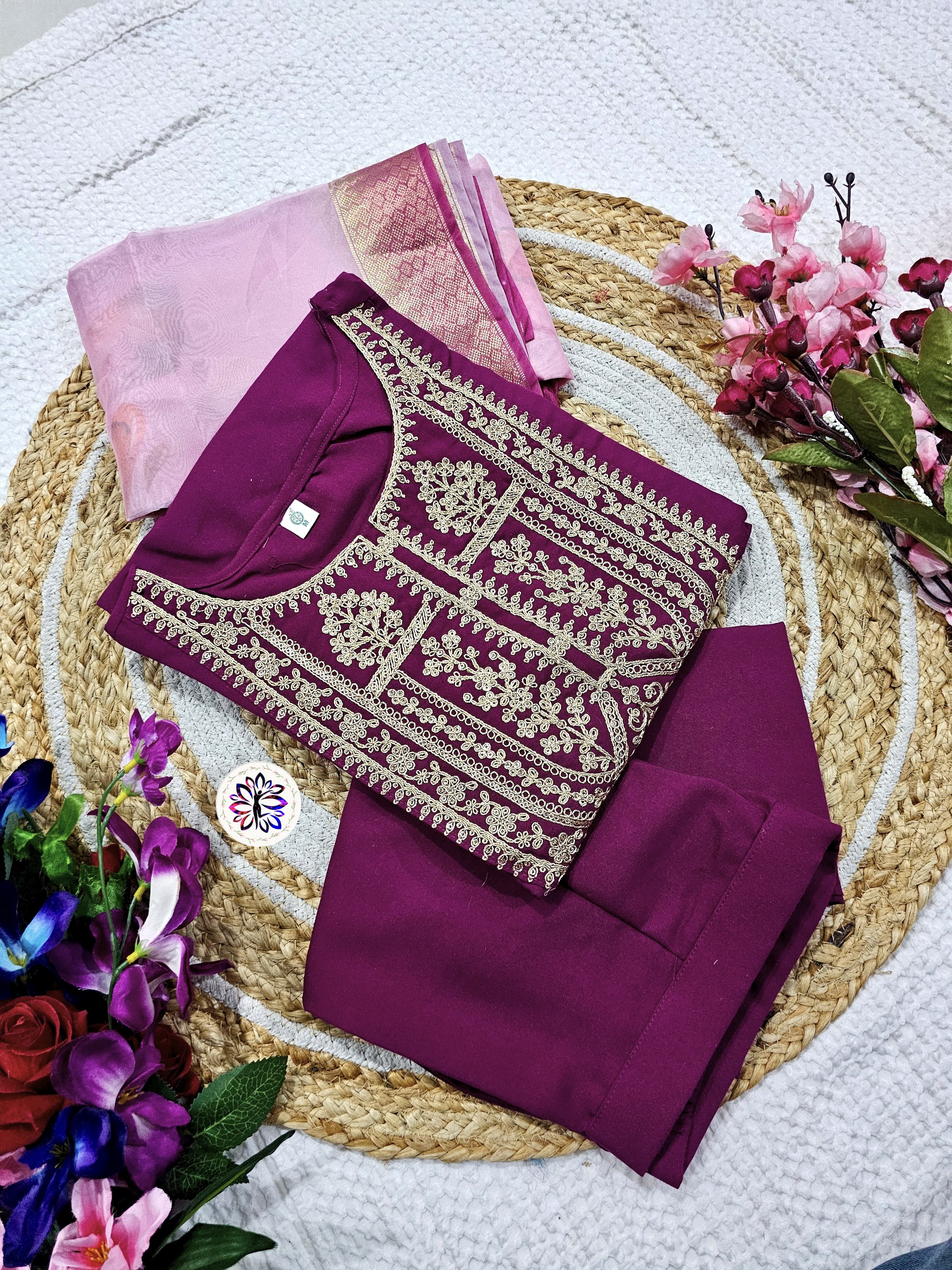 New Dark Purple Viscose Embroidered Suit Set