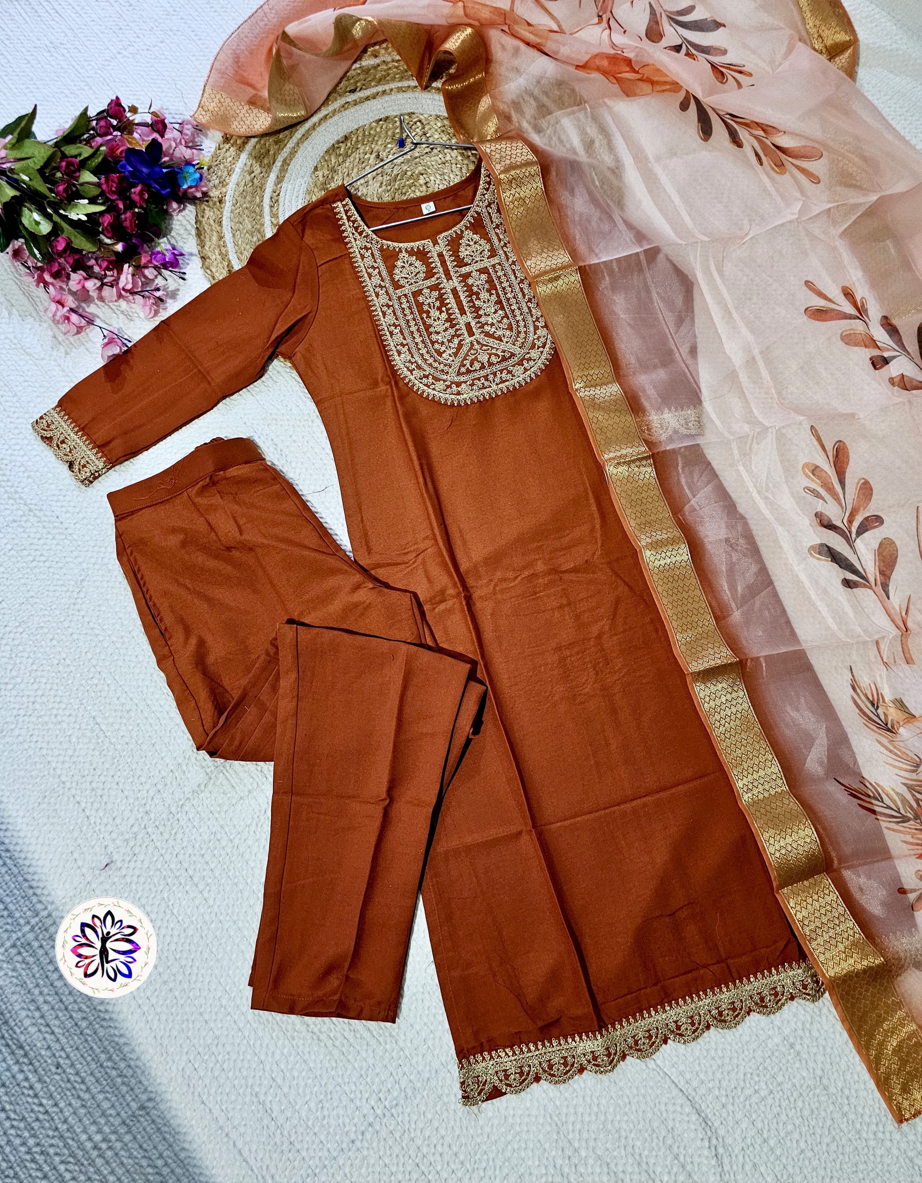 New Orange Viscose Embroidered Suit Set