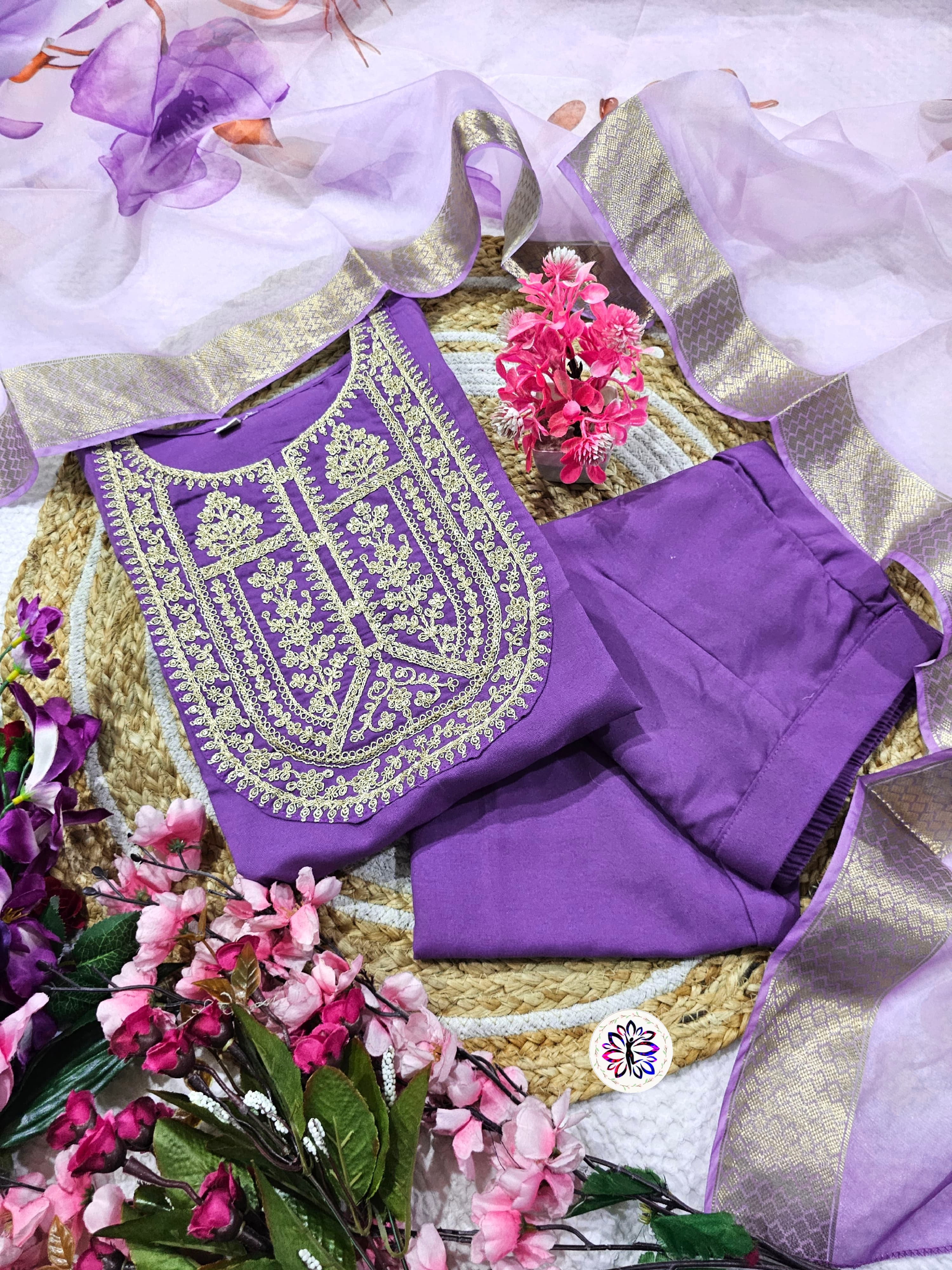 New Purple Viscose Embroidered Suit Set