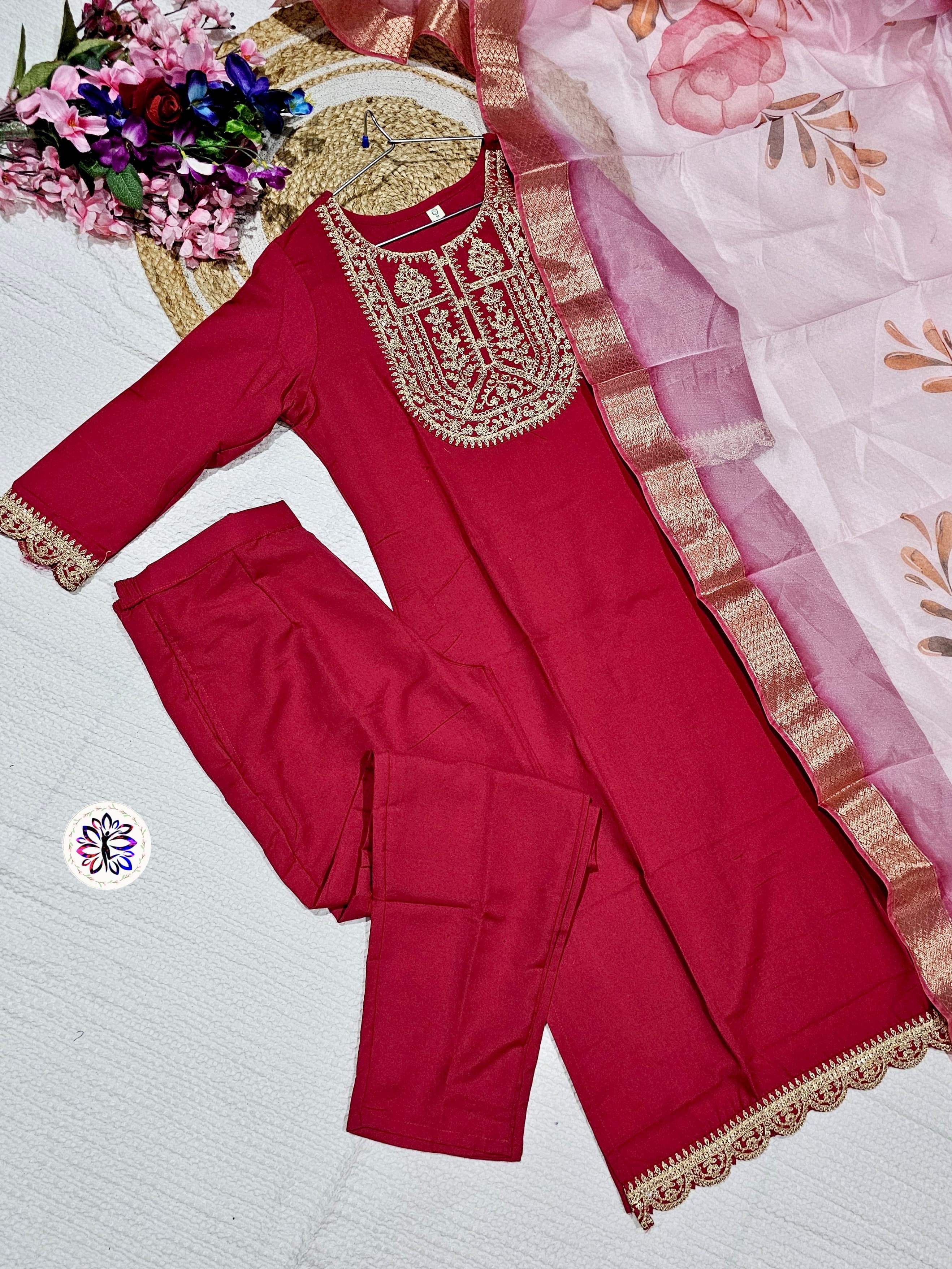 New Red Viscose Embroidered Suit Set