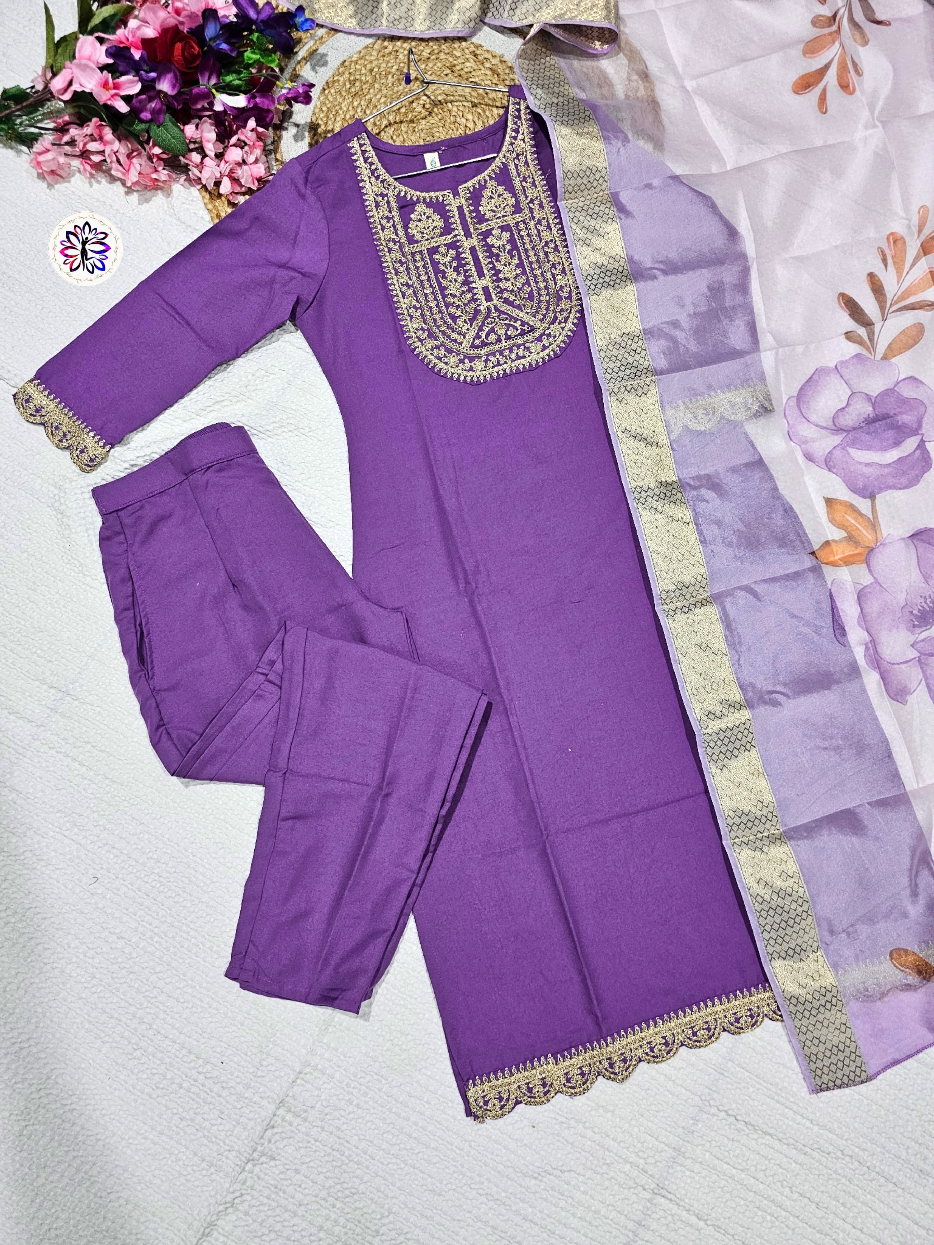 New Purple Viscose Embroidered Suit Set
