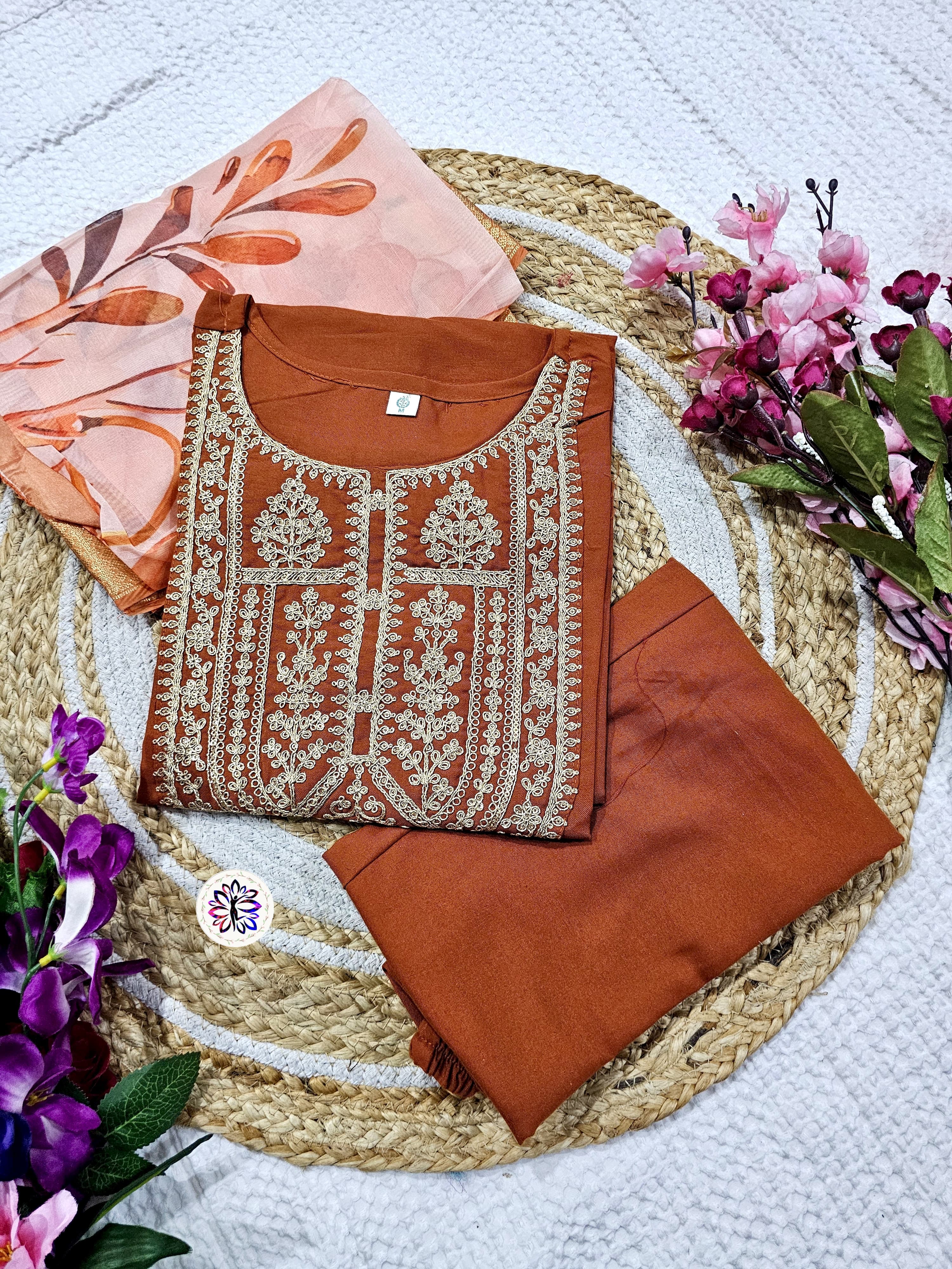 New Orange Viscose Embroidered Suit Set