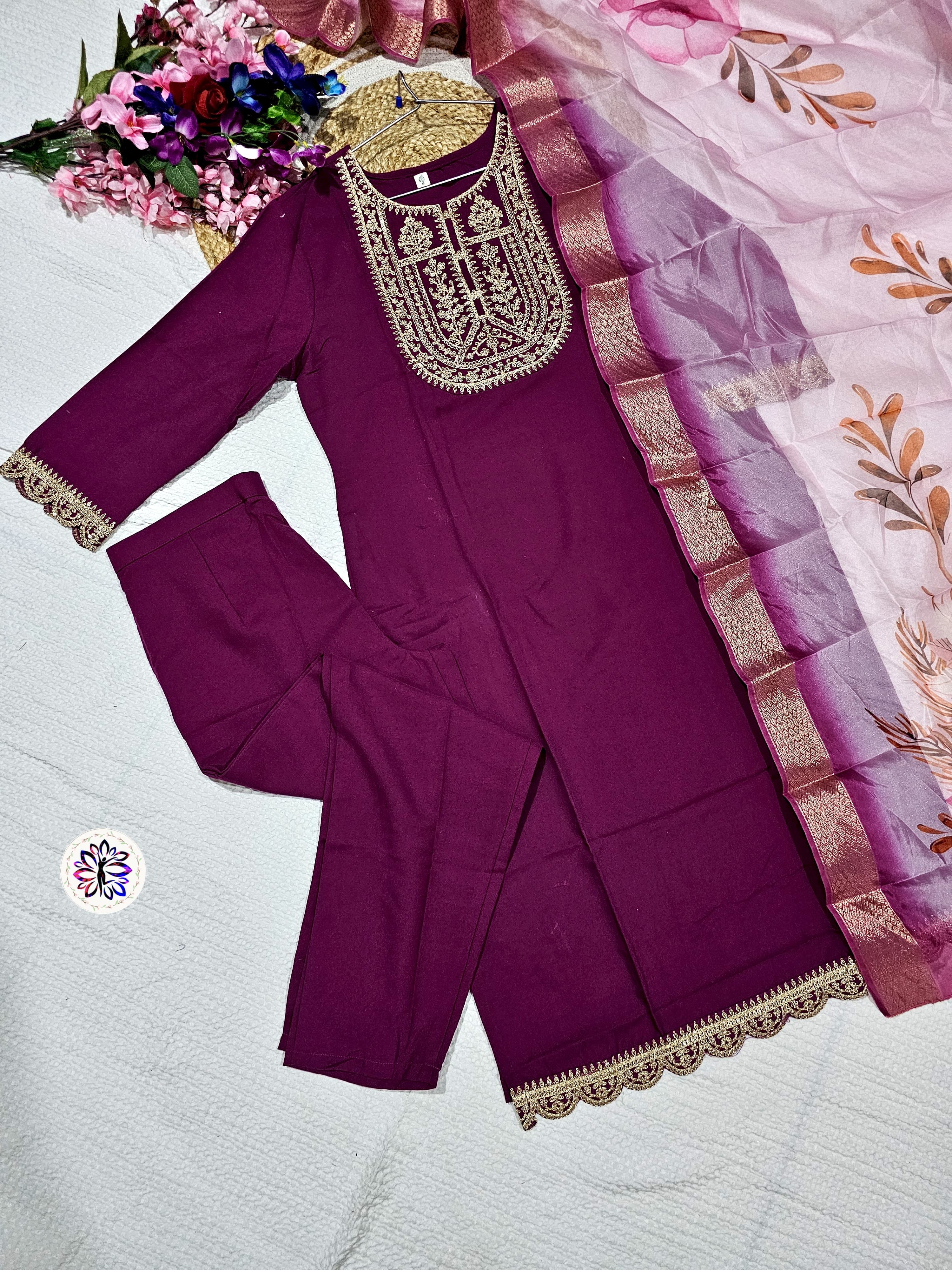 New Dark Purple Viscose Embroidered Suit Set