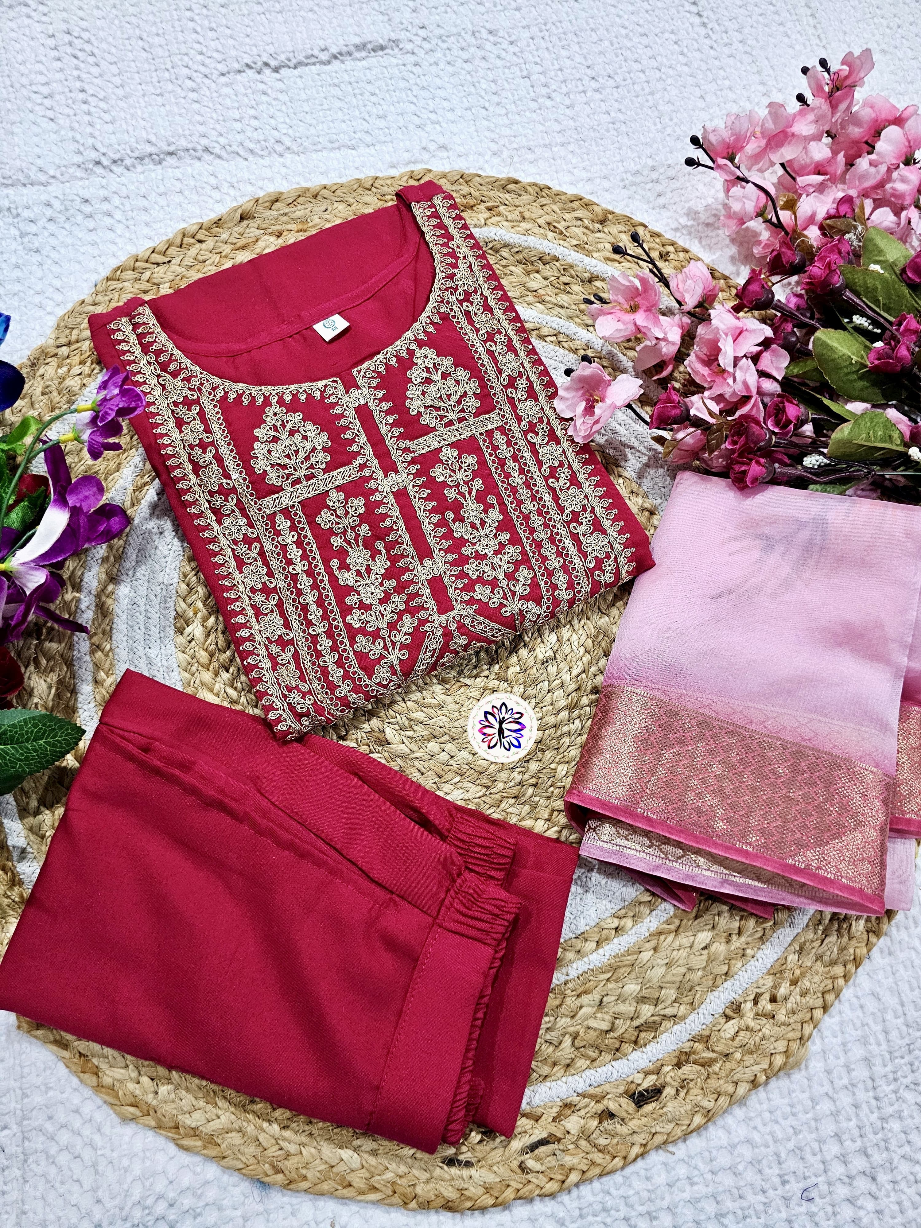 New Red Viscose Embroidered Suit Set