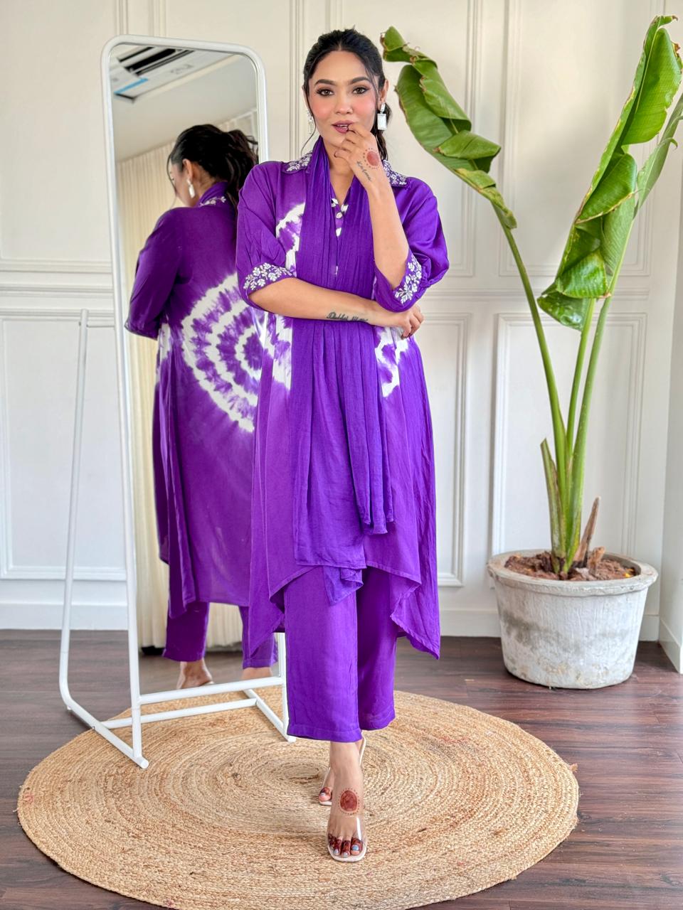 Purple Tie-Dye Embroidered Rayon Suit Set