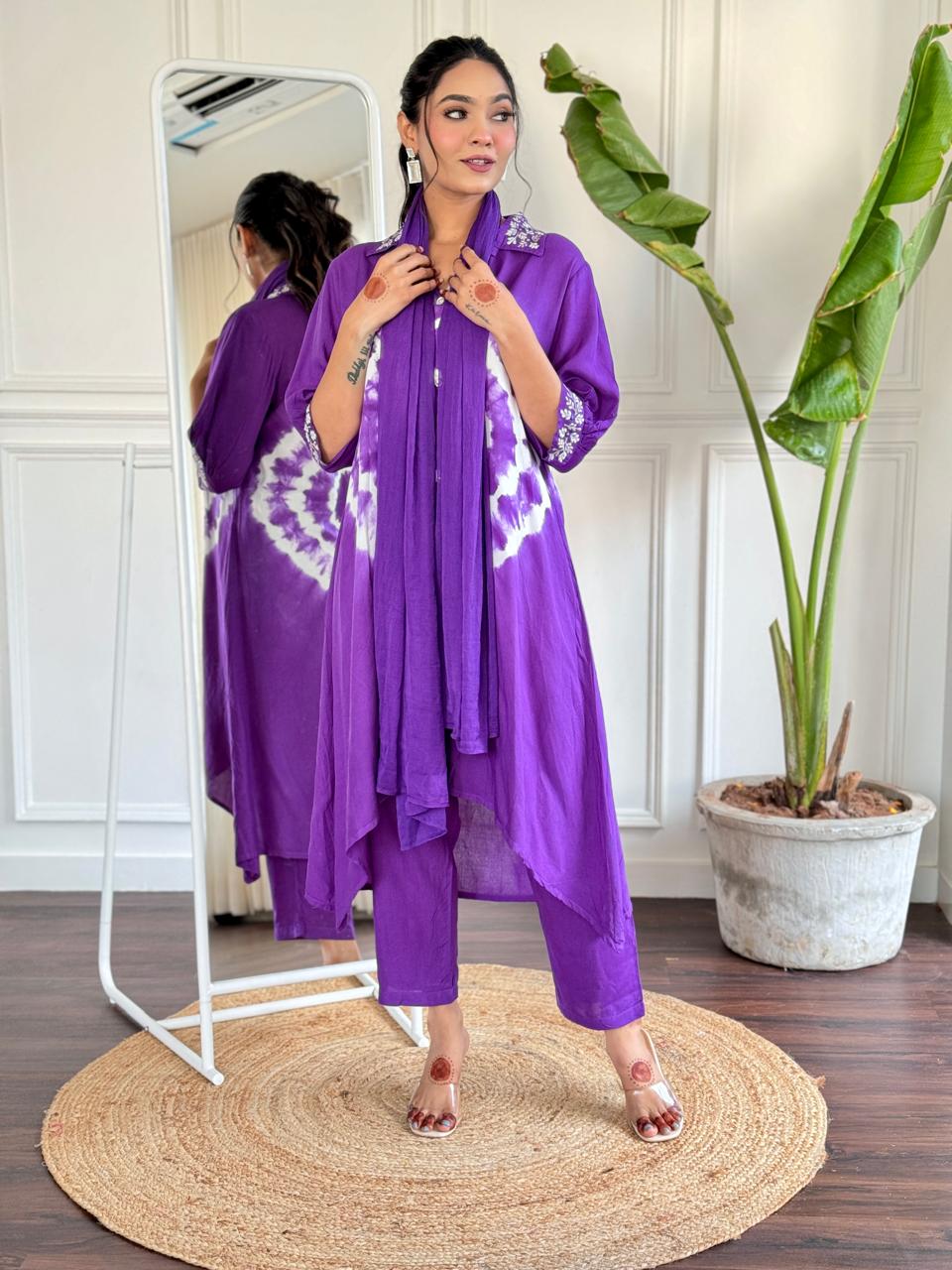Purple Tie-Dye Embroidered Rayon Suit Set