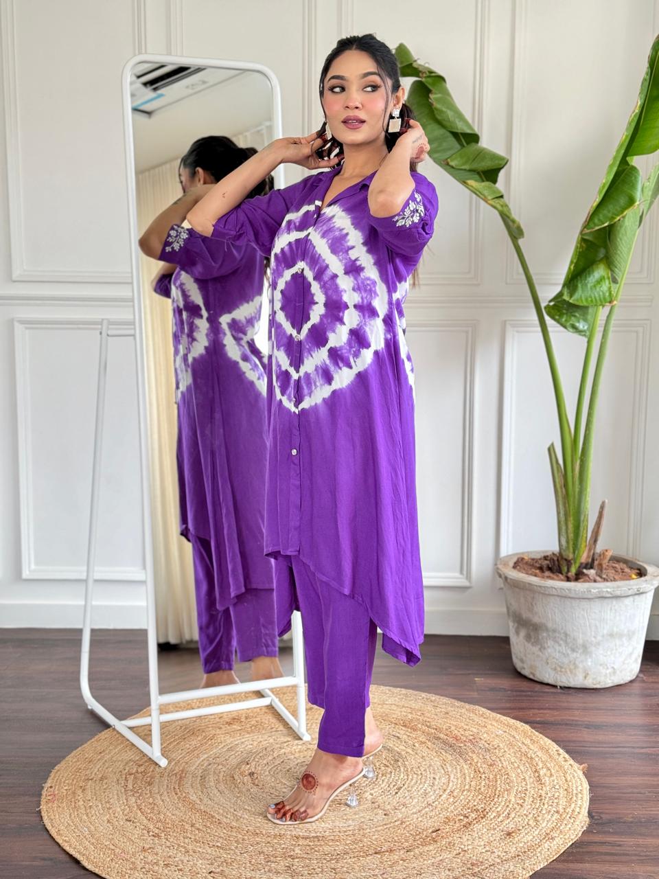 Purple Tie-Dye Embroidered Rayon Suit Set