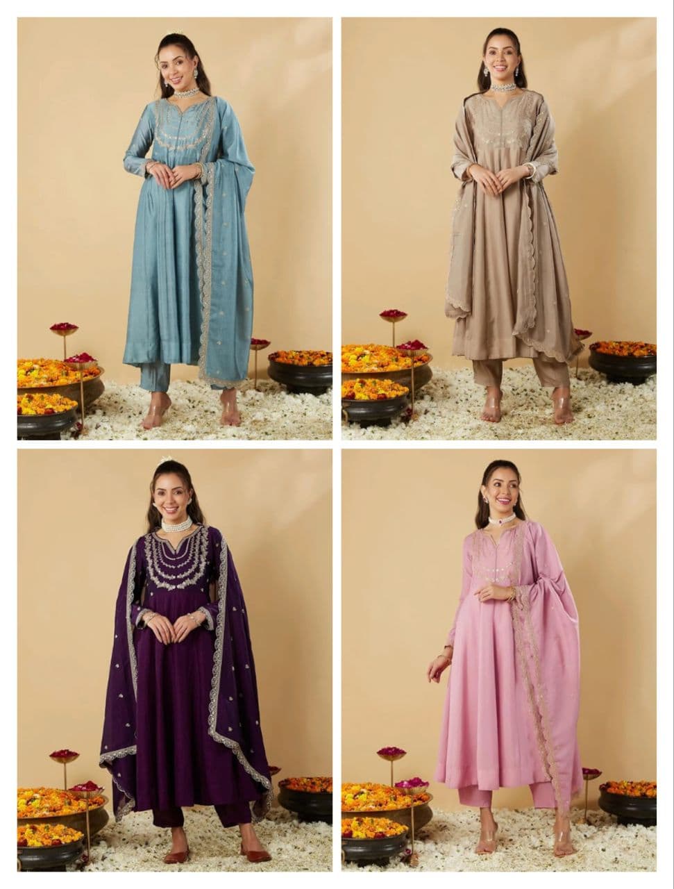 Traditional Beige Vichitra Silk Embroidered Suit Set