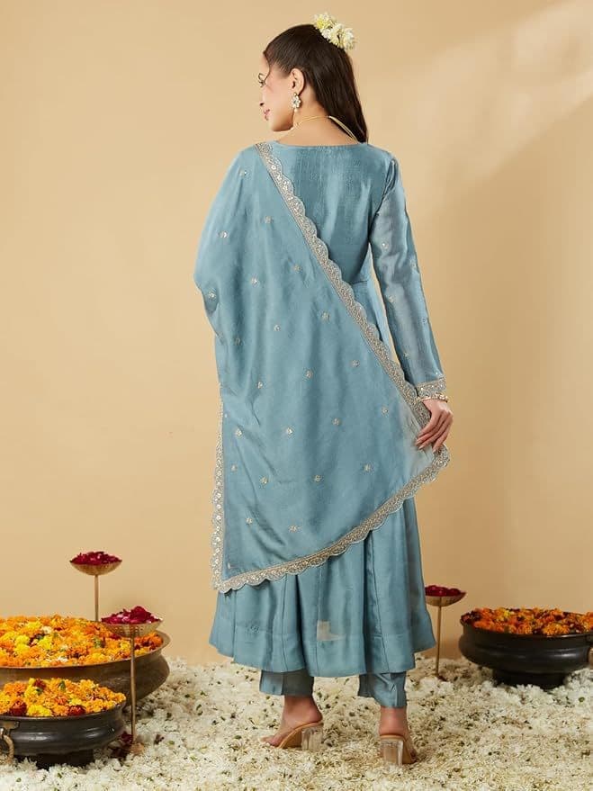Traditional Light blue Vichitra Silk Embroidered Suit Set