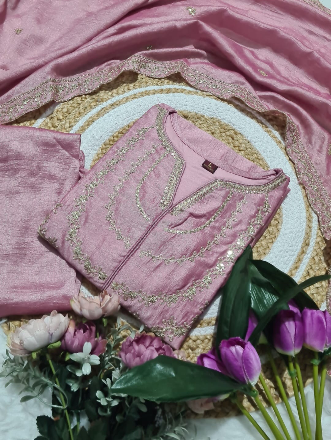 Traditional Light Pink Vichitra Silk Embroidered Suit Set