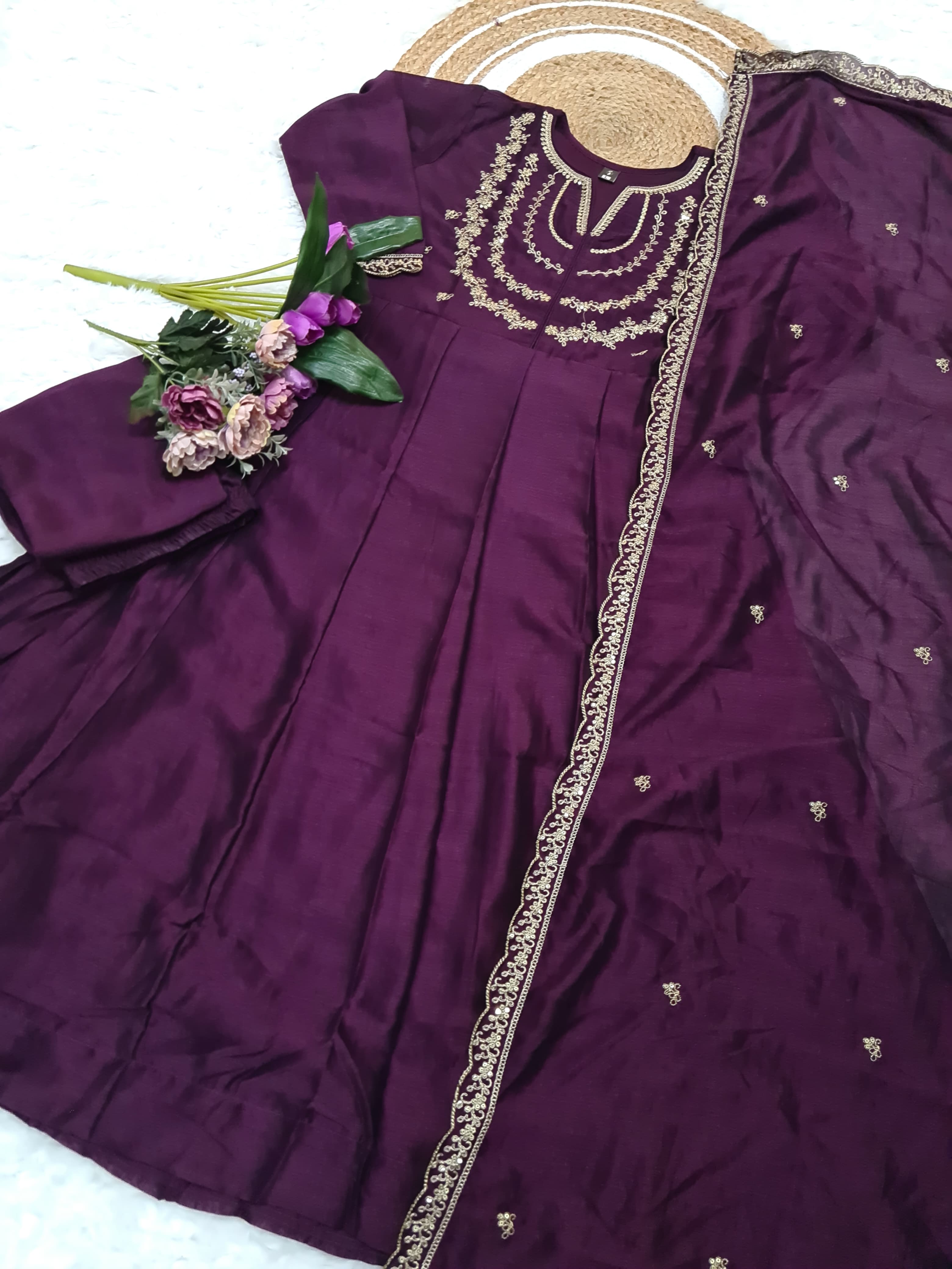 Traditional Dark Purple Vichitra Silk Embroidered Suit Set