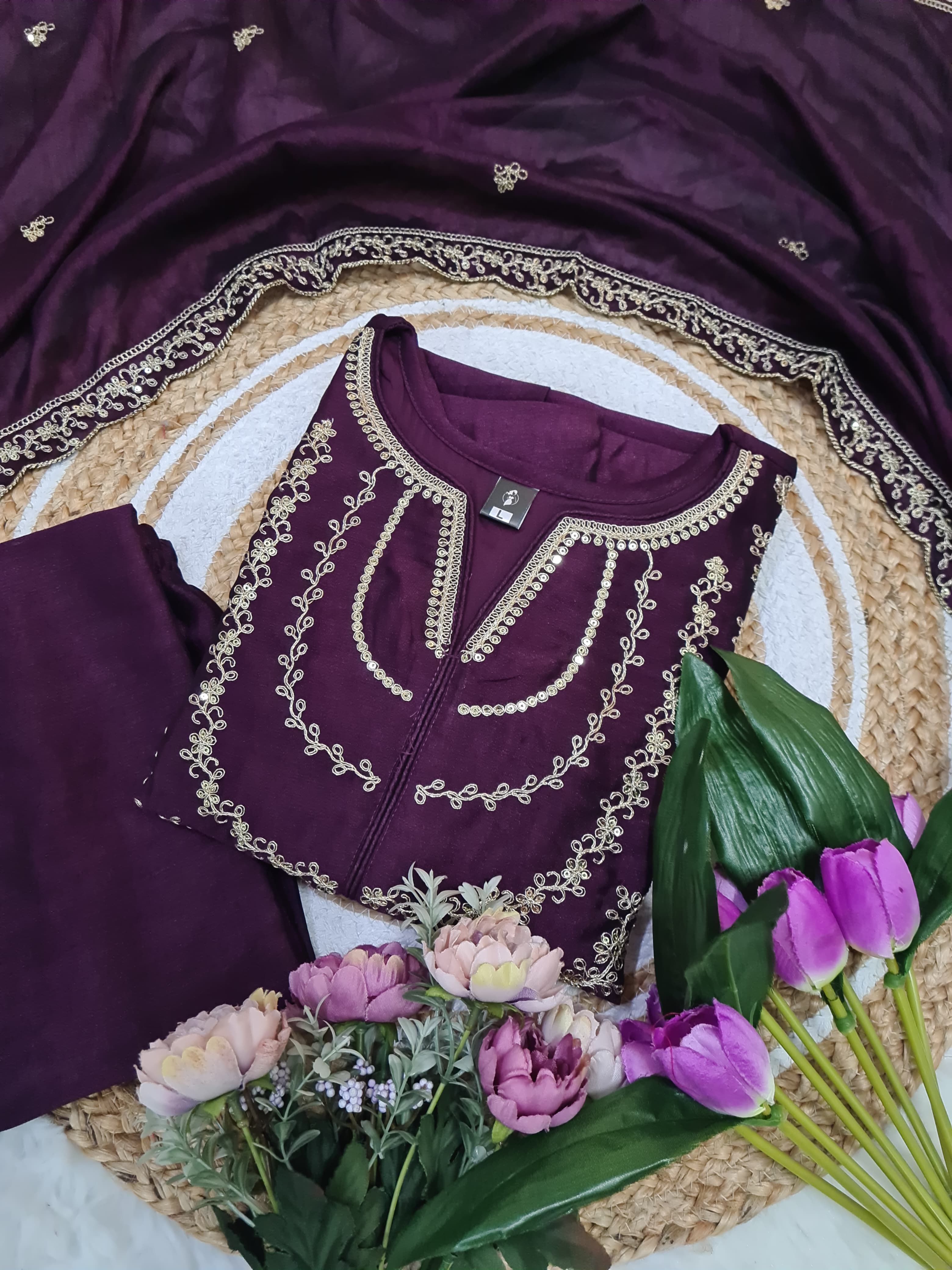 Traditional Dark Purple Vichitra Silk Embroidered Suit Set