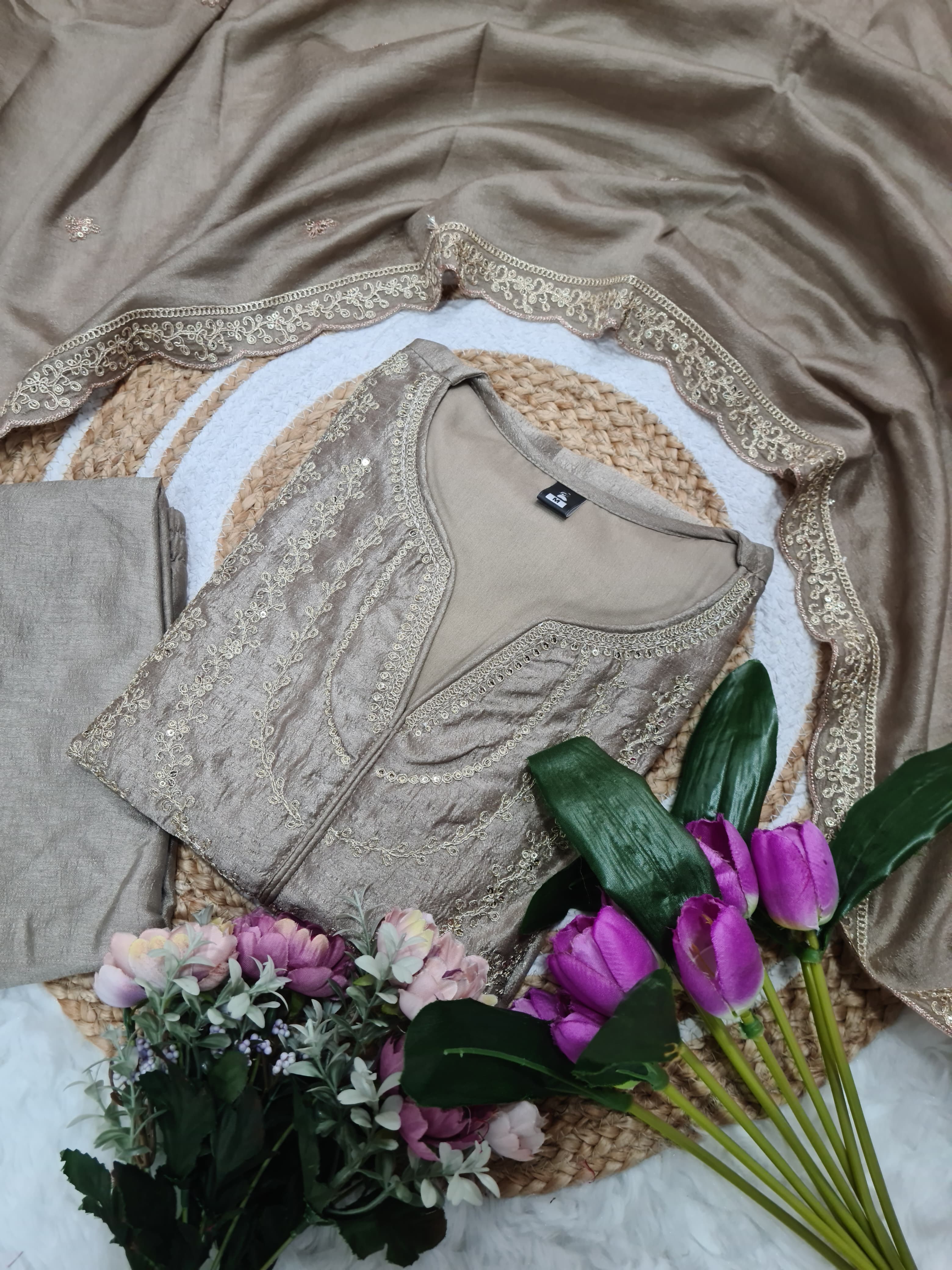 Traditional Beige Vichitra Silk Embroidered Suit Set