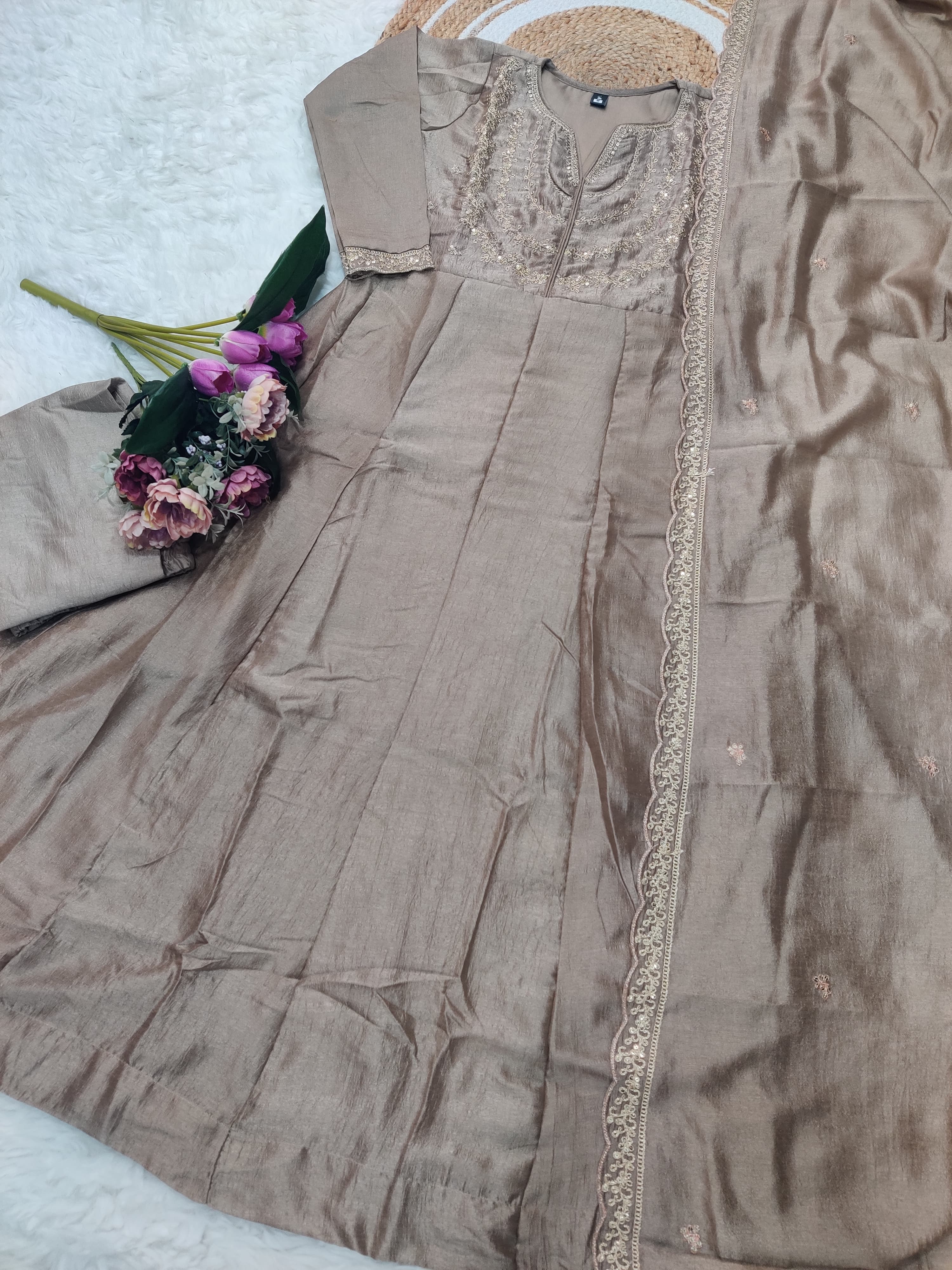Traditional Beige Vichitra Silk Embroidered Suit Set