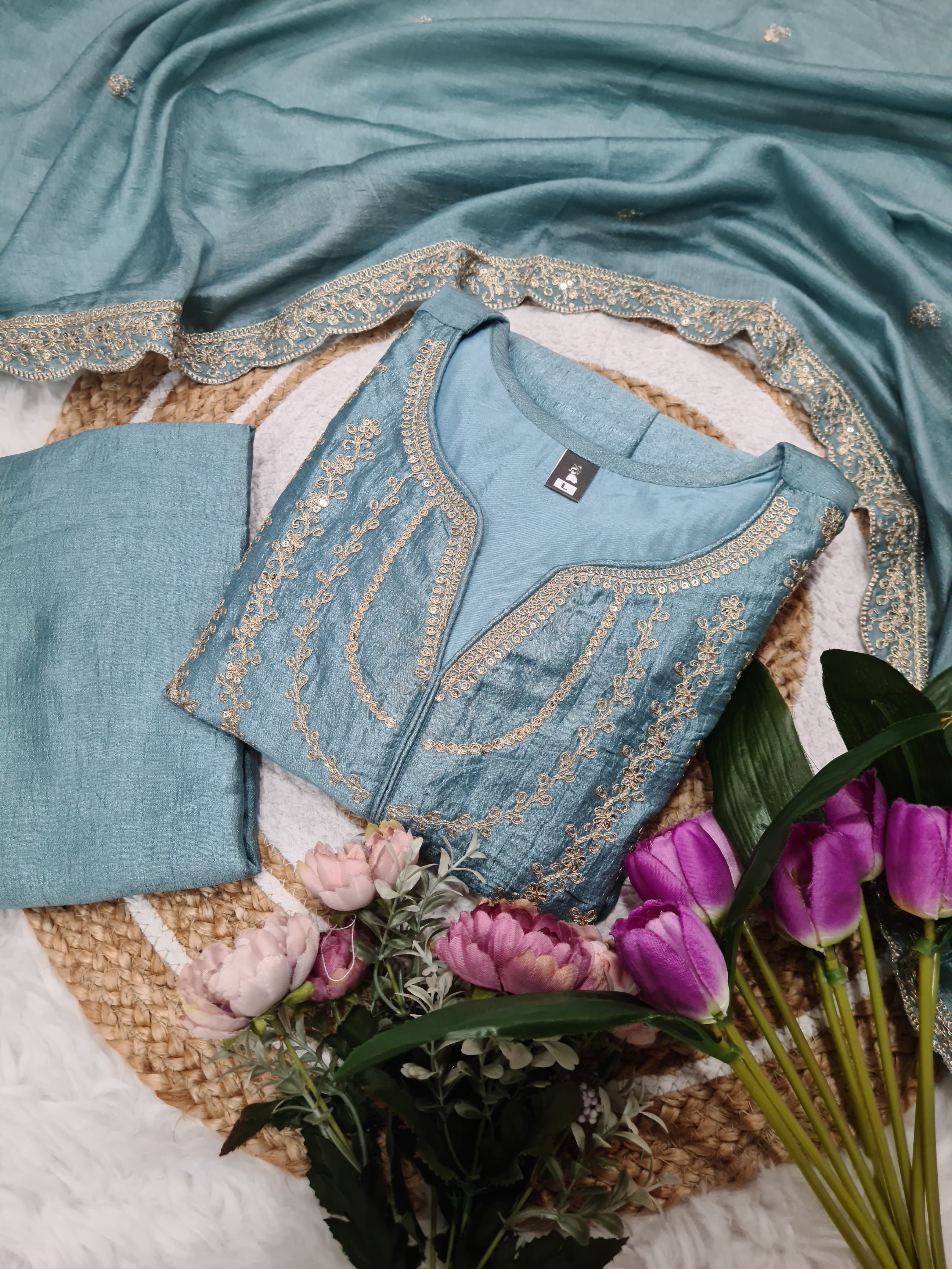 Traditional Light blue Vichitra Silk Embroidered Suit Set