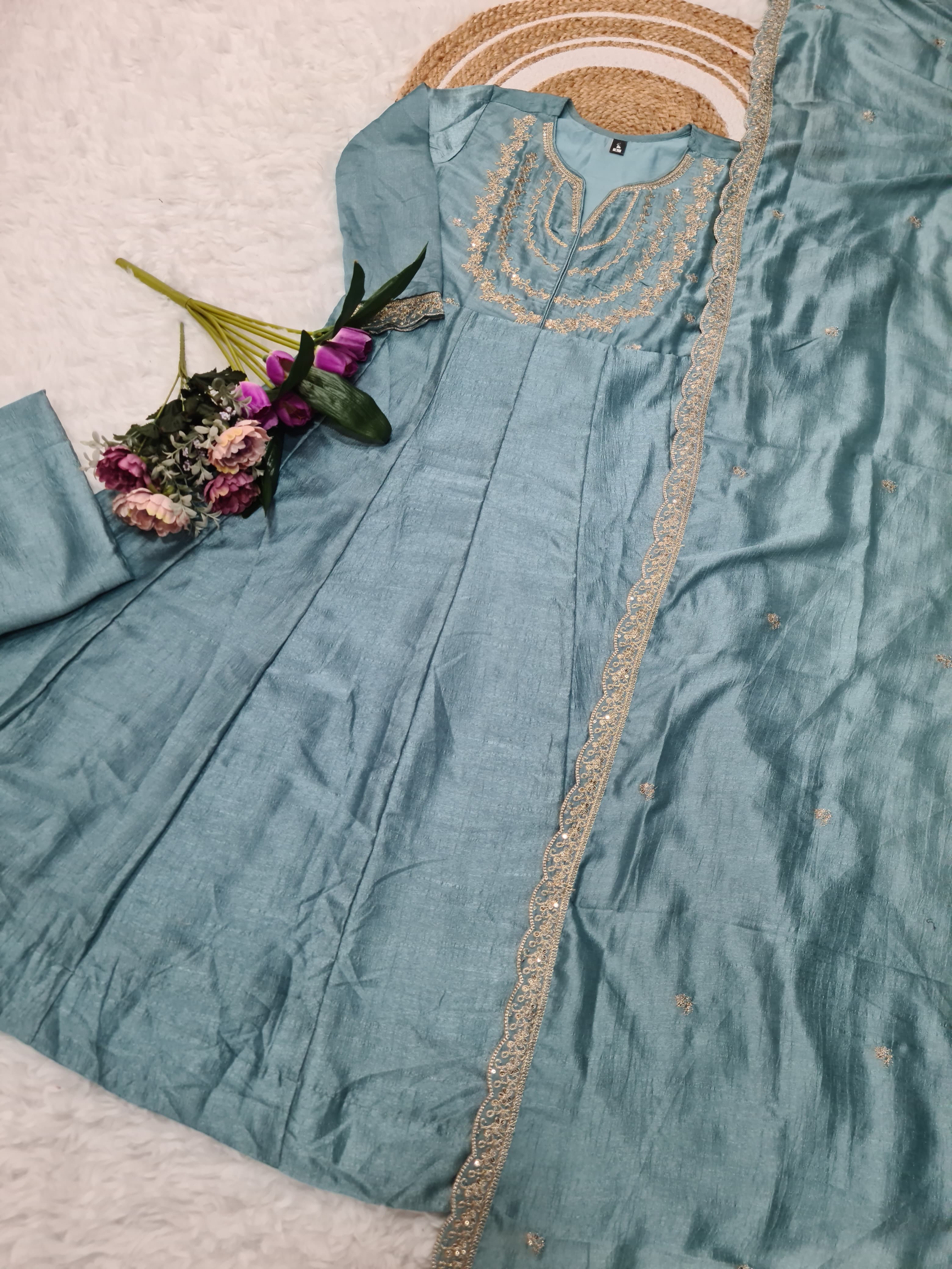 Traditional Light blue Vichitra Silk Embroidered Suit Set